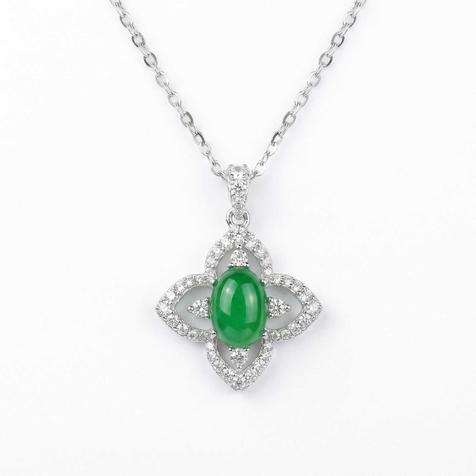 Deep green jade Flower Necklace – jade necklace, front view