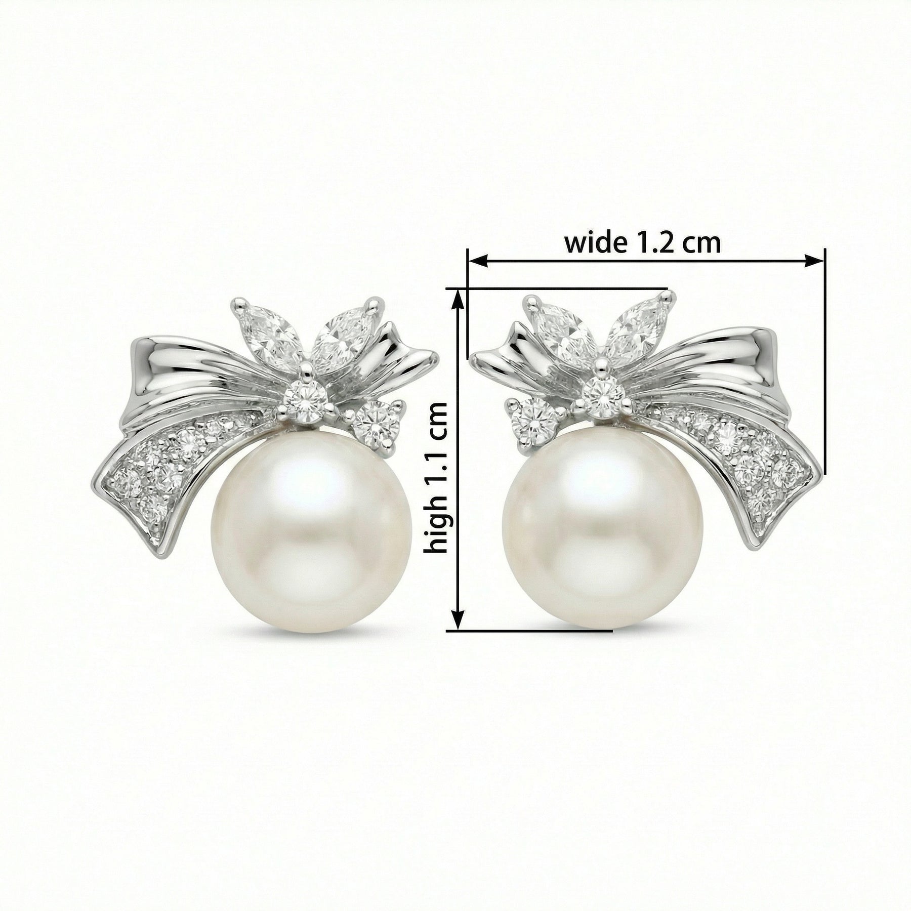 White Pearl Bow Stud Earrings – pearl earrings, front view