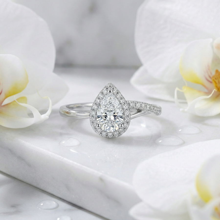 Pear-Shaped Halo Bypass Engagement Ring – sterling silver ring