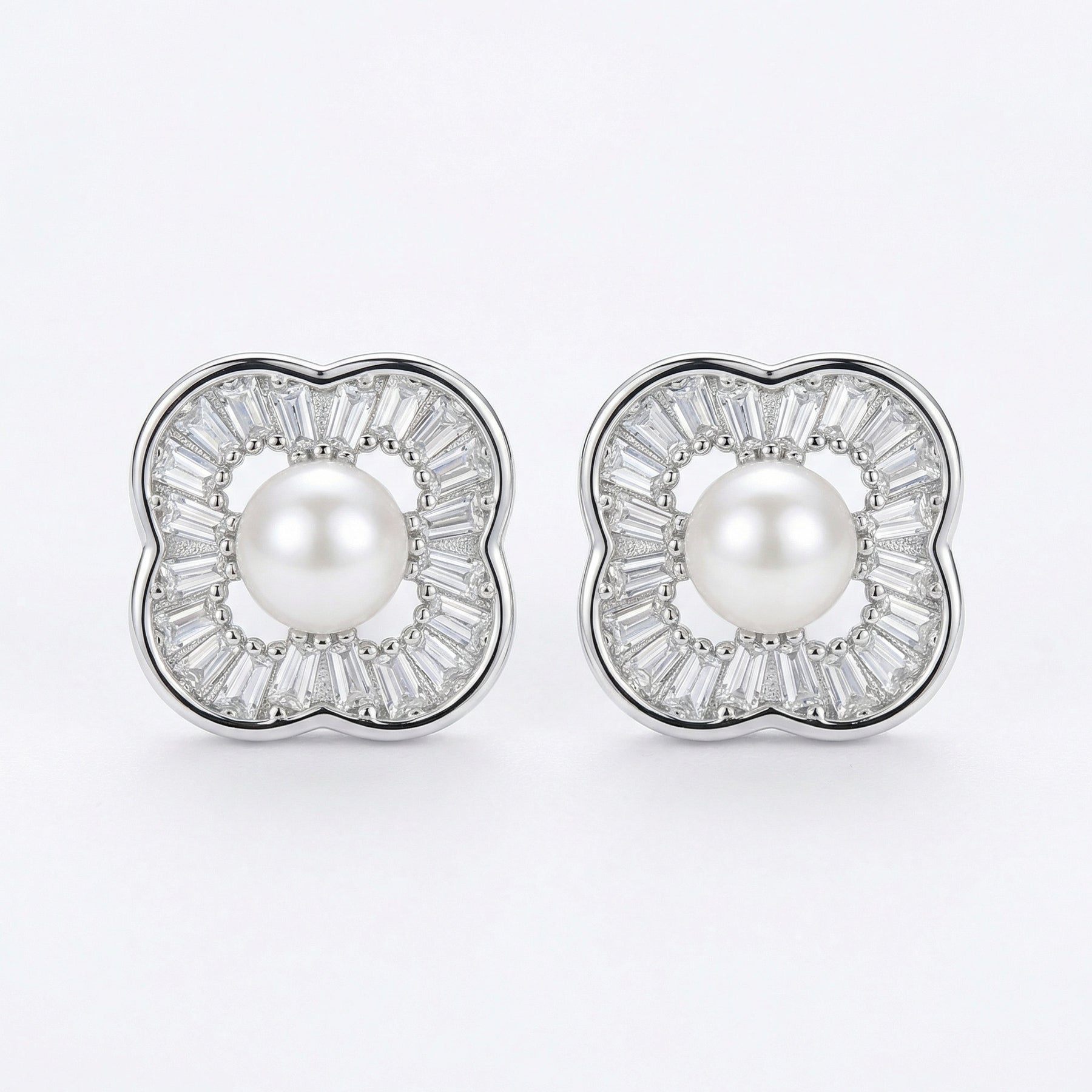 Pearl Baguette Four-Leaf Clover Studs – pearl earrings, front view