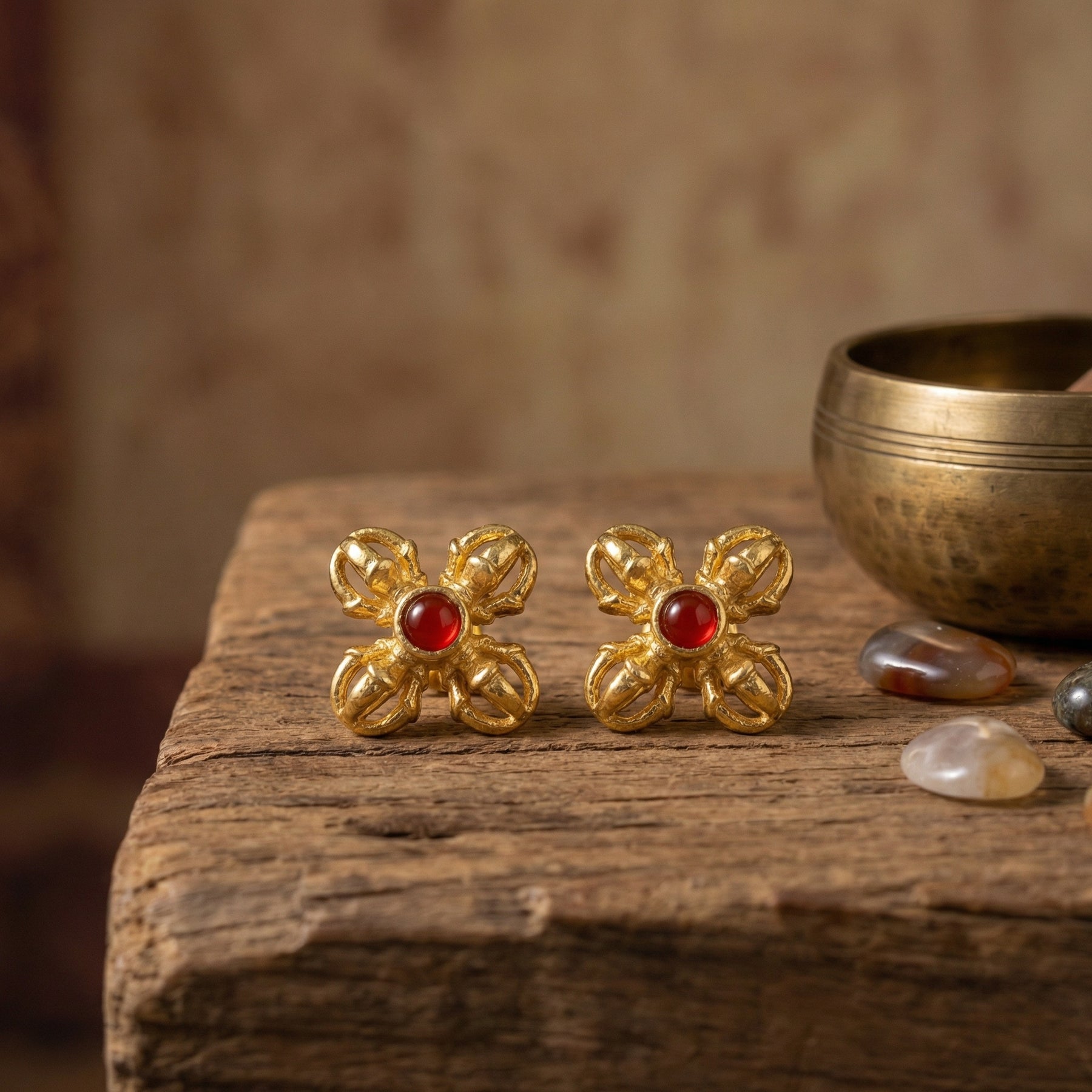 Gilded Double Vajra Stud Earrings – sterling silver earrings, side detail