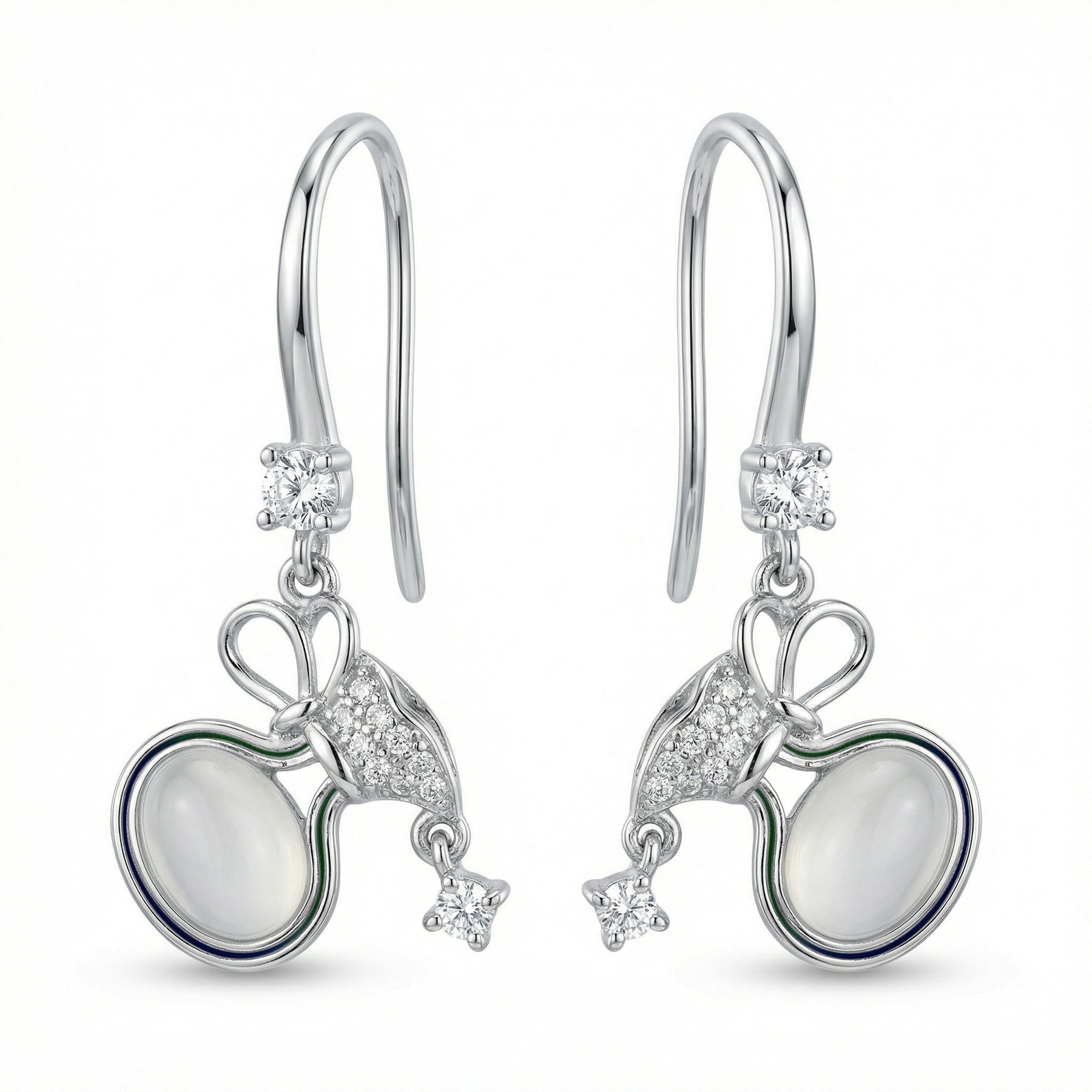 Bow Drop Earrings with Moonstone – sterling silver earrings, close-up