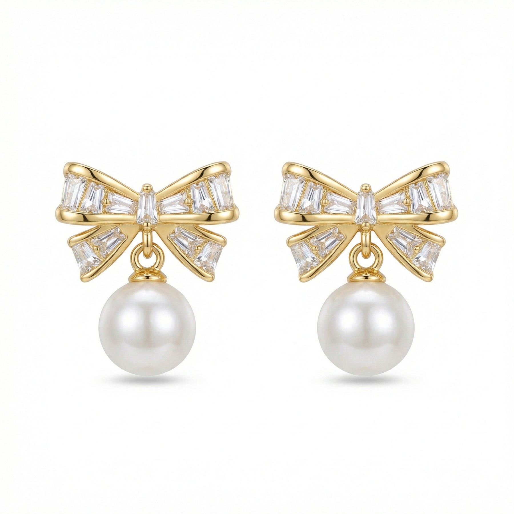 Crystal Bow and Pearl Dangle Earrings – pearl earrings, close-up