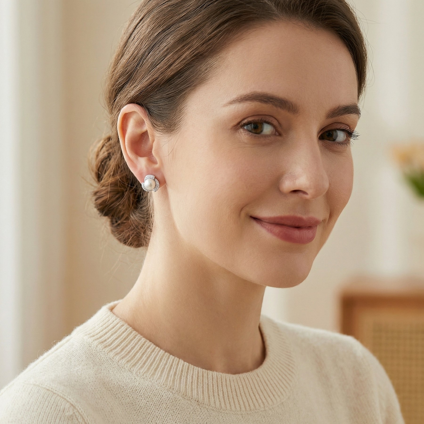 Pearl Cluster Floral Halo Studs – pearl earrings, close-up