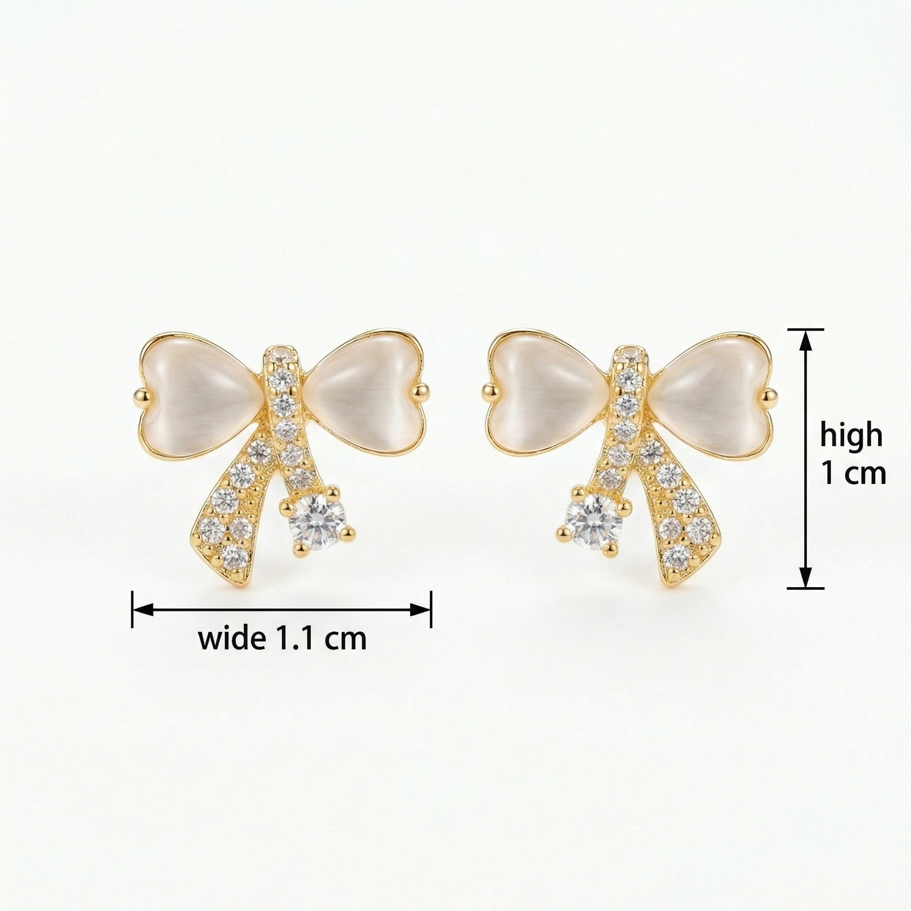 Bowknot Studs with Opal Hearts – opal earrings, close-up