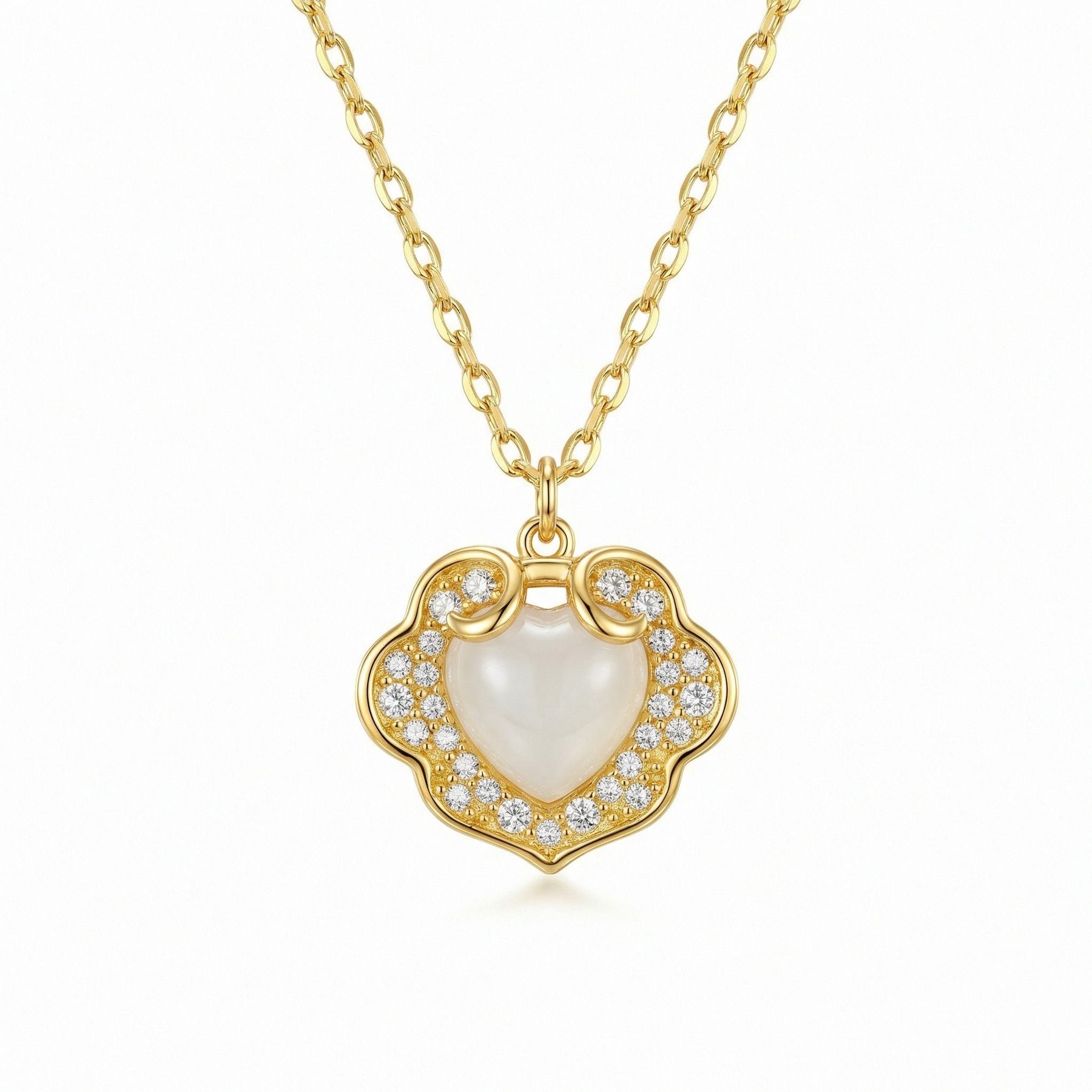 White Heart Gemstone Necklace – sterling silver necklace, front view
