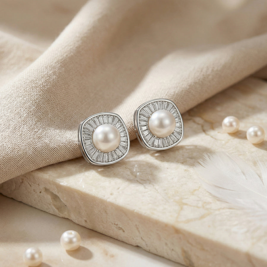 Pearl Cushion Halo Stud Earrings – pearl earrings, side detail