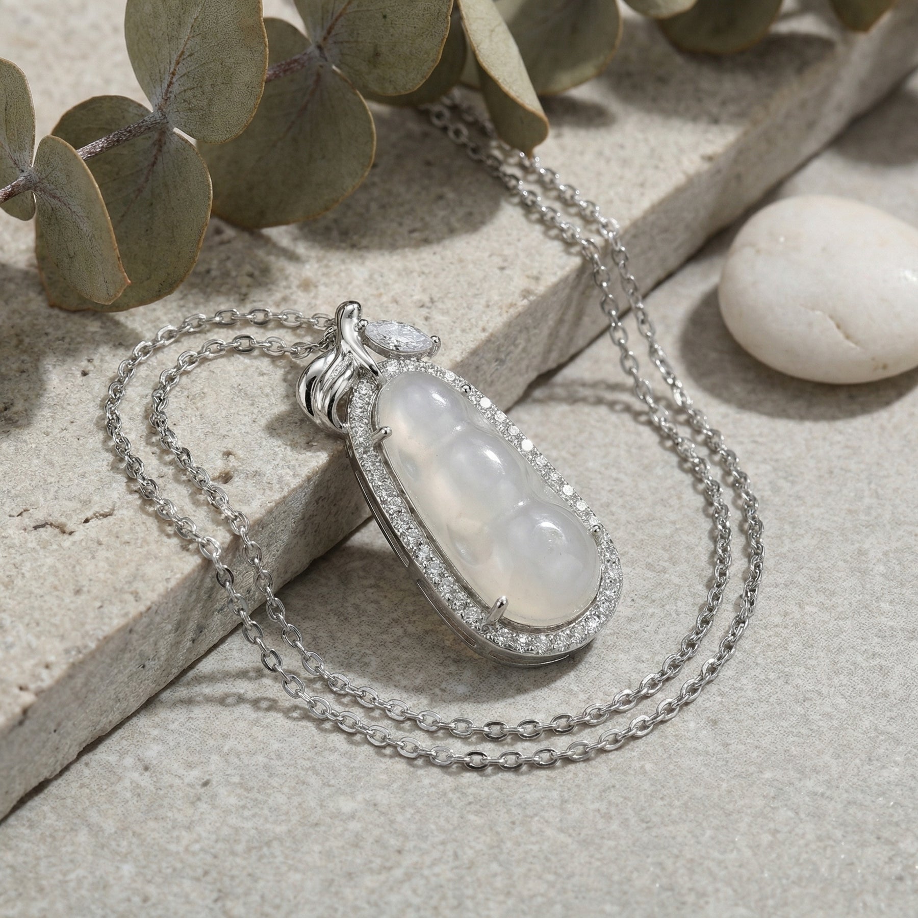 White Jadeite Pea Pod Pendant Necklace – jade necklace, close-up