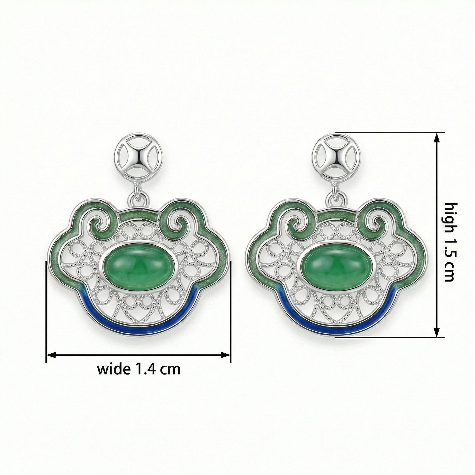 Ruyi Filigree Earrings with Enamel – sterling silver earrings, front view