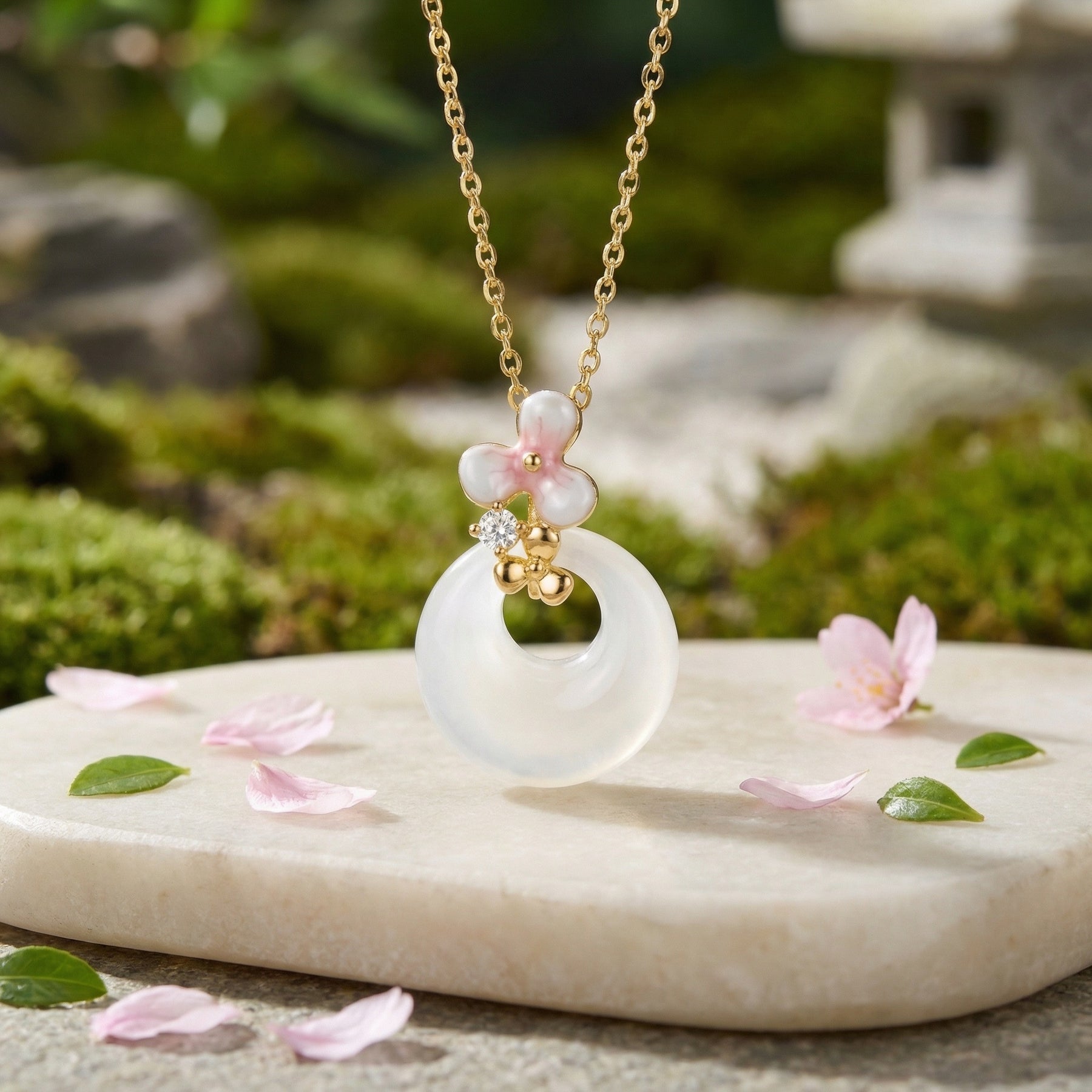White Jade Donut Necklace, Pink Blossom – jade necklace
