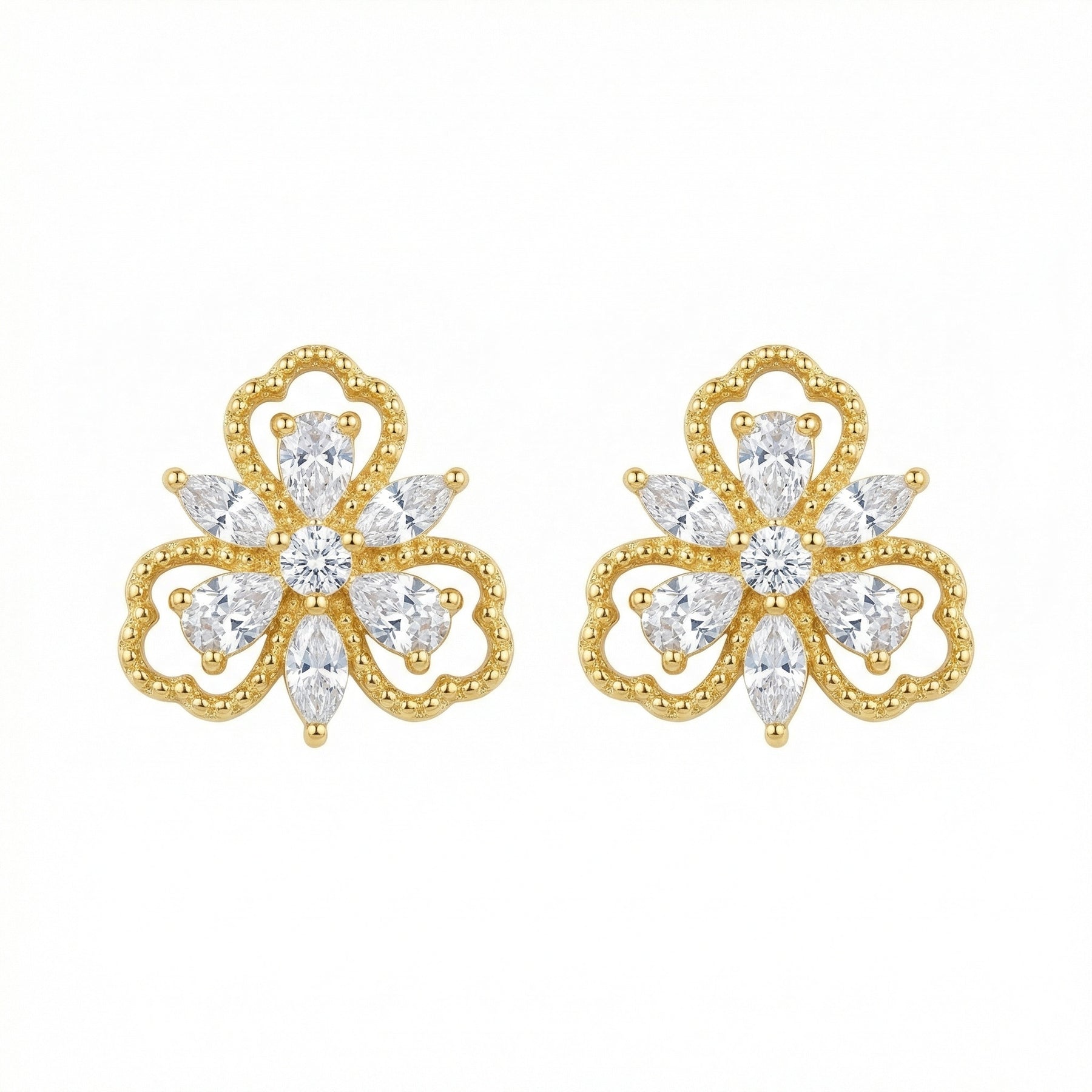 Ornate Floral Clover Stud Earrings – sterling silver earrings, close-up