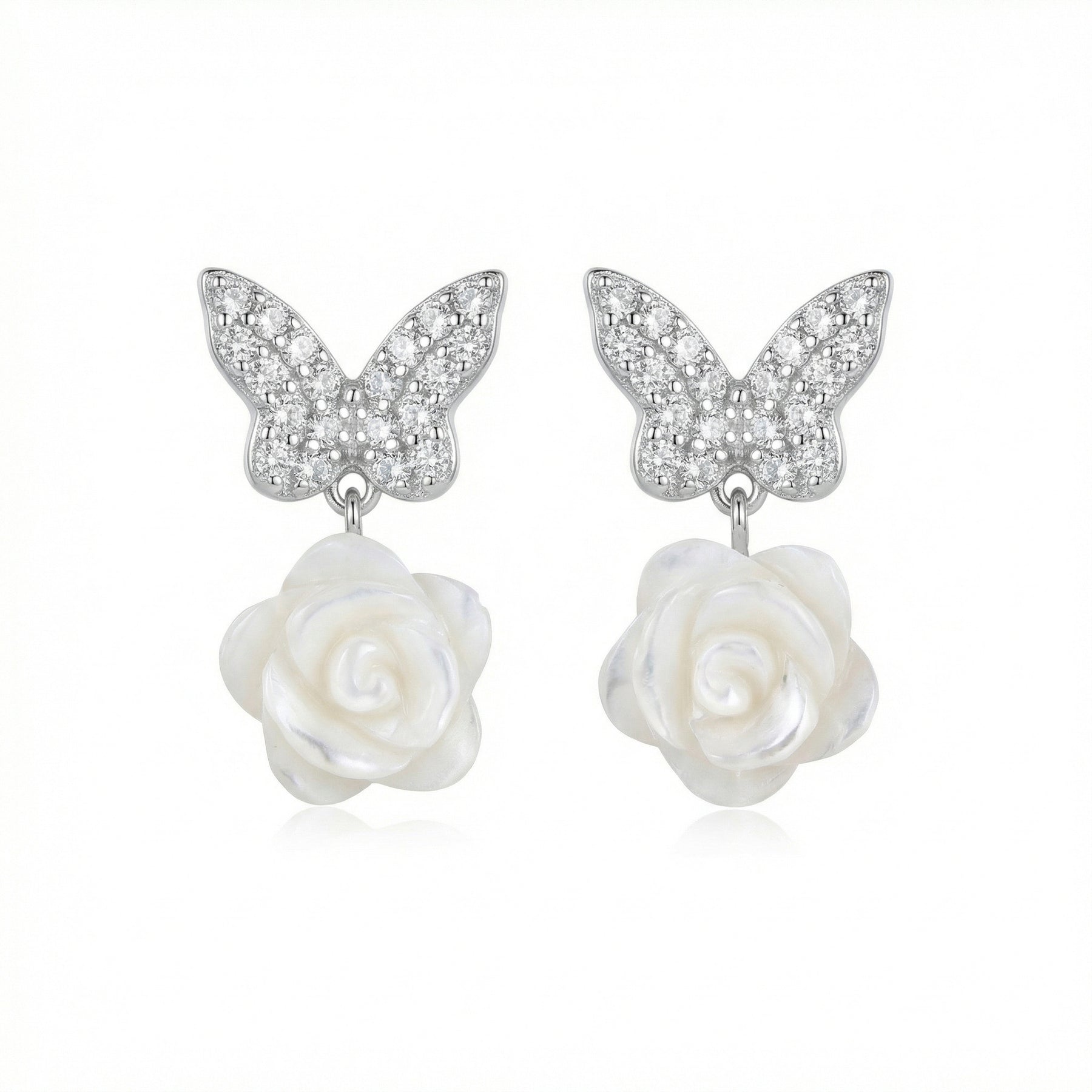 Butterfly and Rose Pearl Drop Earrings – pearl earrings, side detail