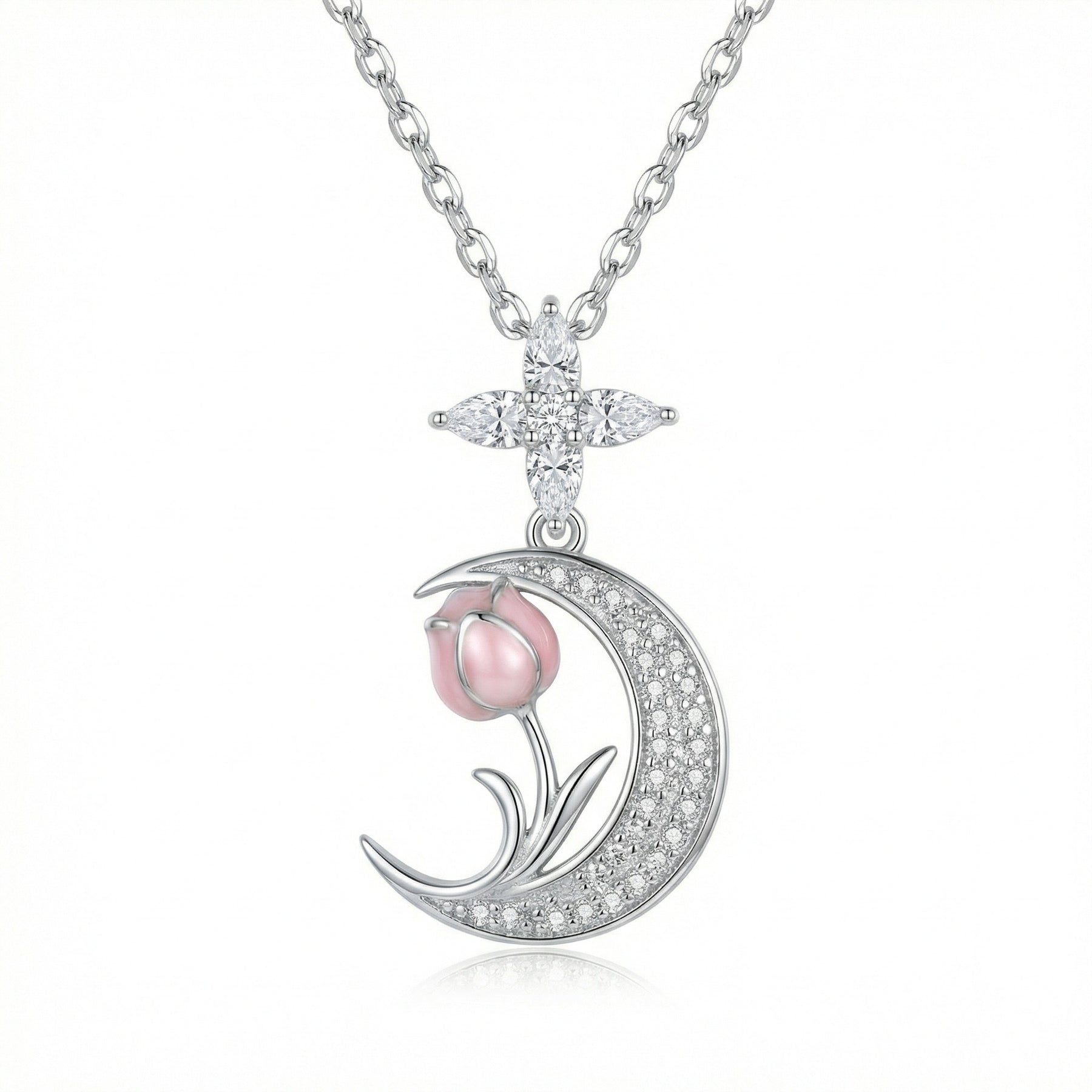 Crescent Moon Pink Tulip Necklace – sterling silver necklace