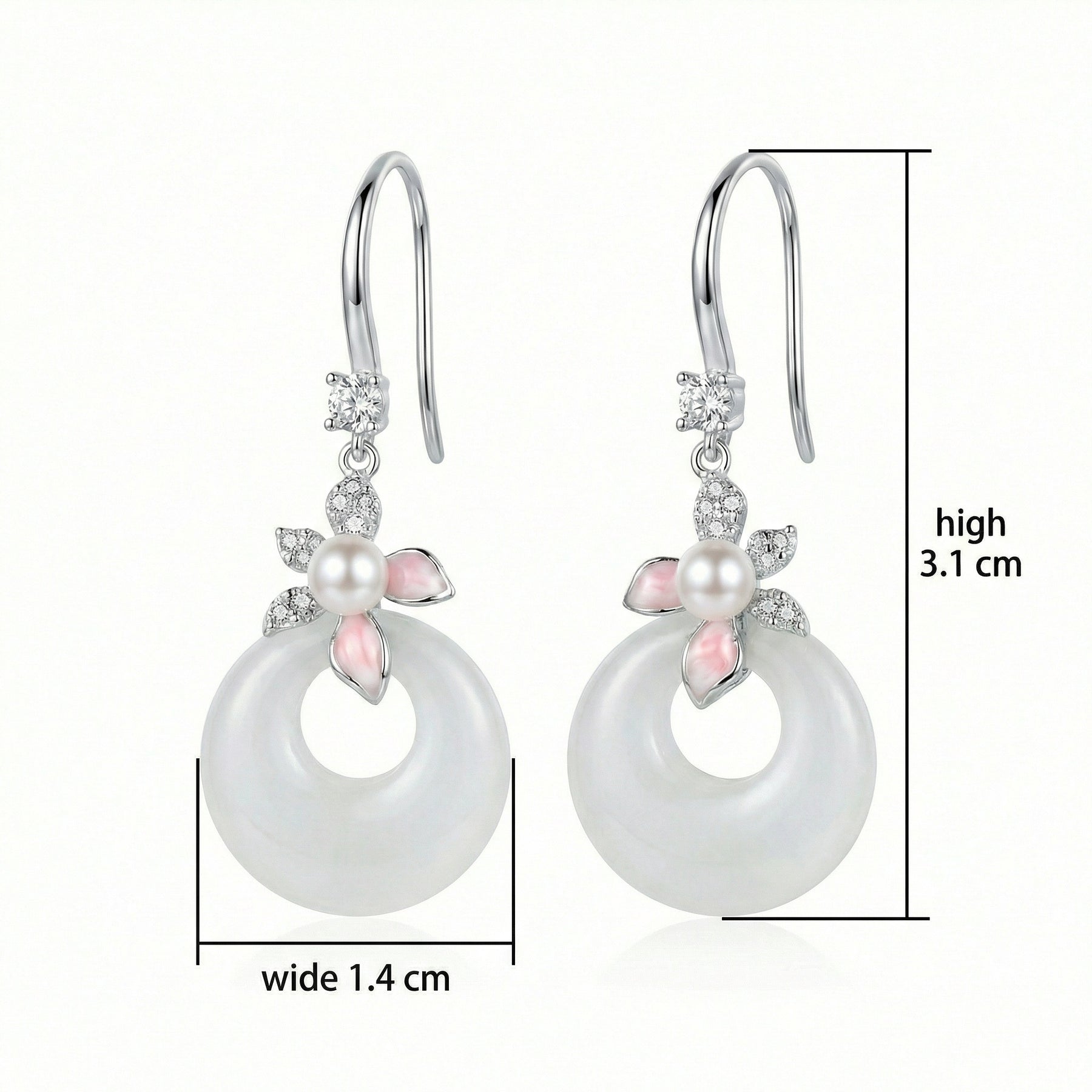 White Jade and Pearl Floral Drops – jade earrings, front view