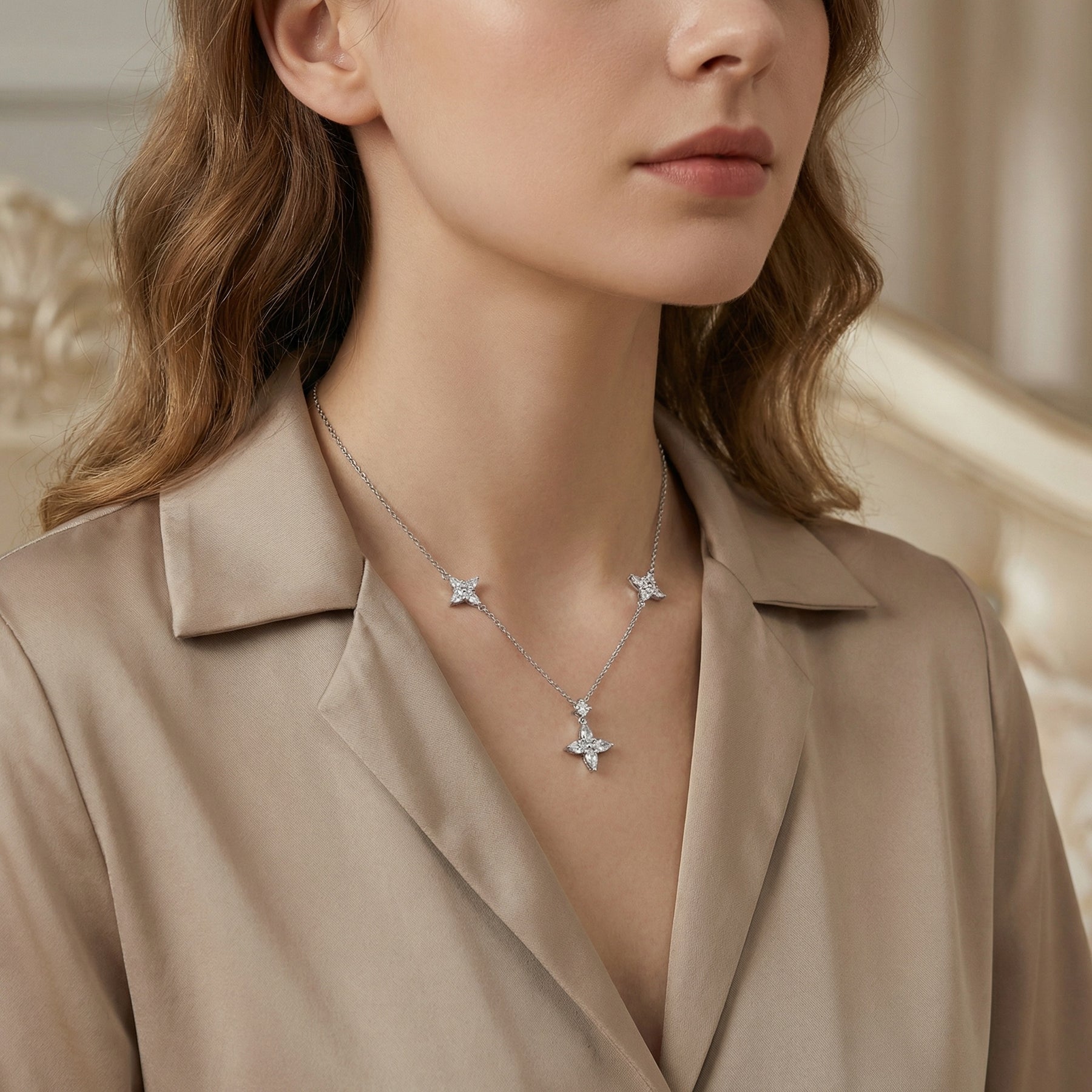 Marquise Floral Station Necklace – sterling silver necklace, side detail