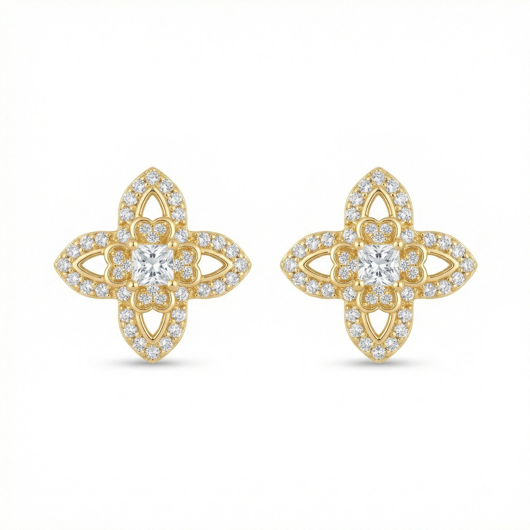 Quatrefoil CZ Princess-Cut Studs – zircon earrings, side detail