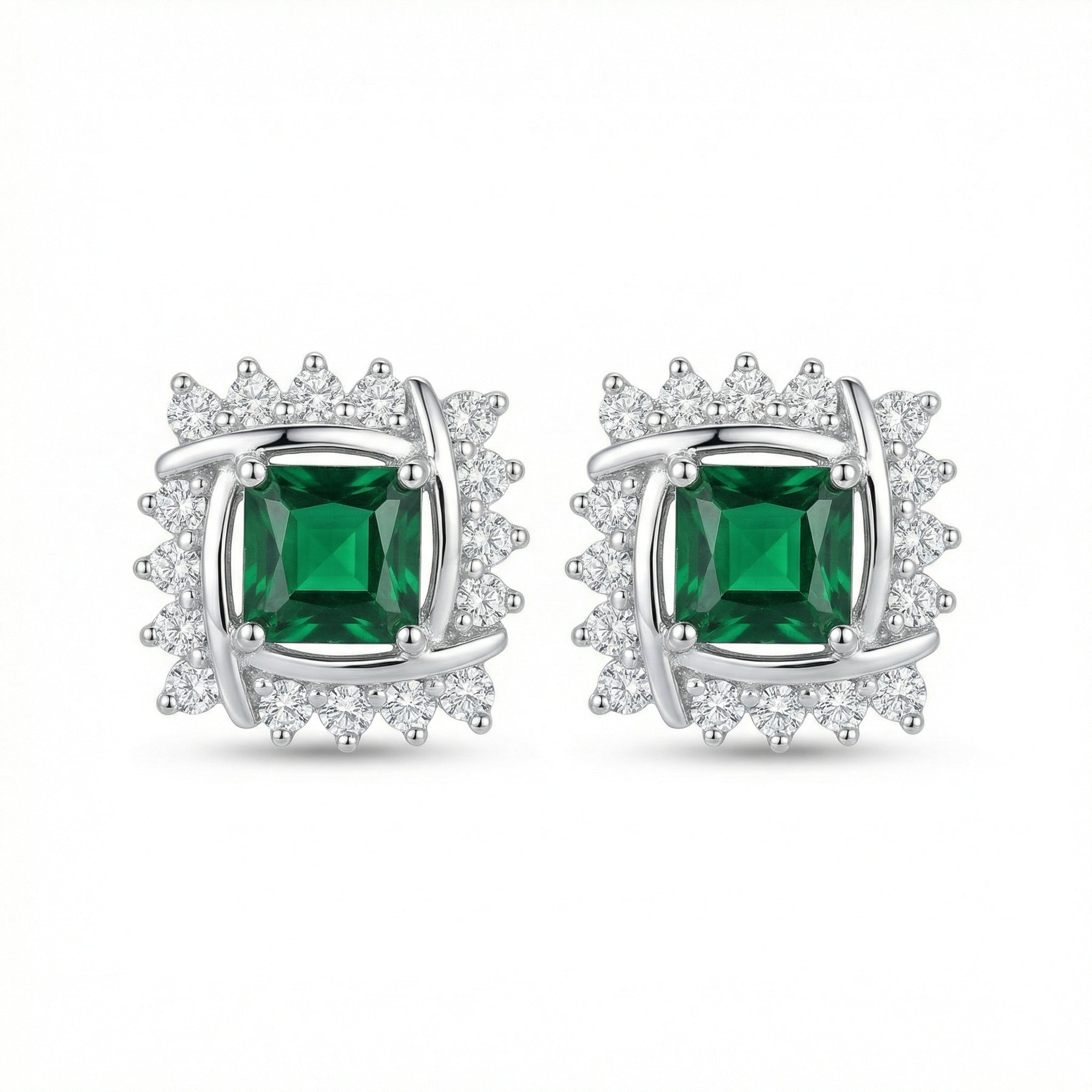 Square Green stone Interlocking Halo Studs – green stone earrings, side detail