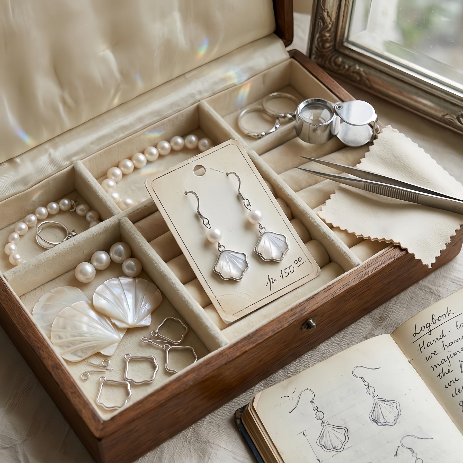 Pearl Drop Earrings with Shell Pendants – pearl earrings, close-up