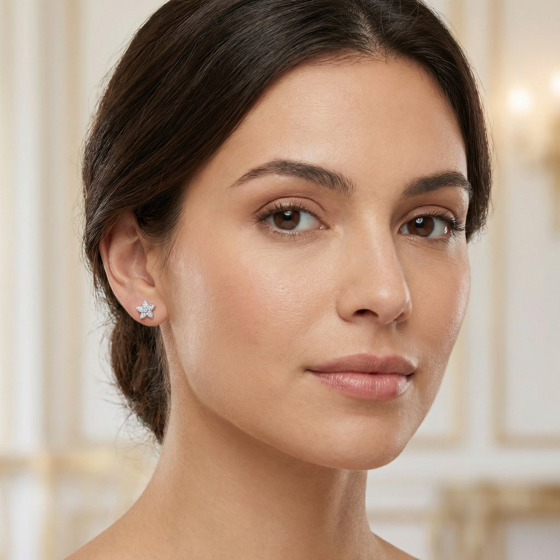 Five-Petal Silver Flower Stud Earrings – sterling silver earrings, front view