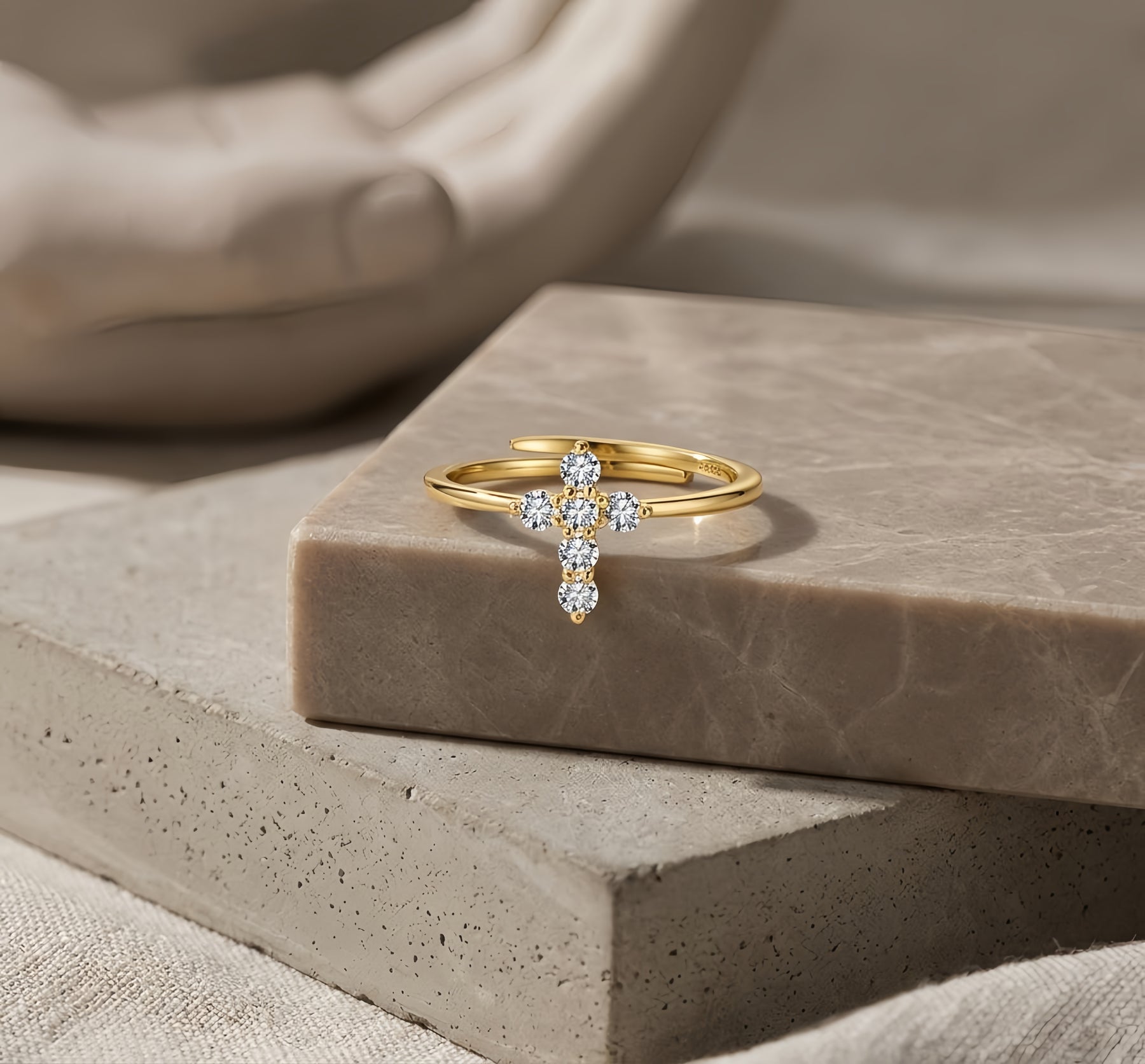 gold-plated Cross Ring with CZ Accents – zircon ring, close-up