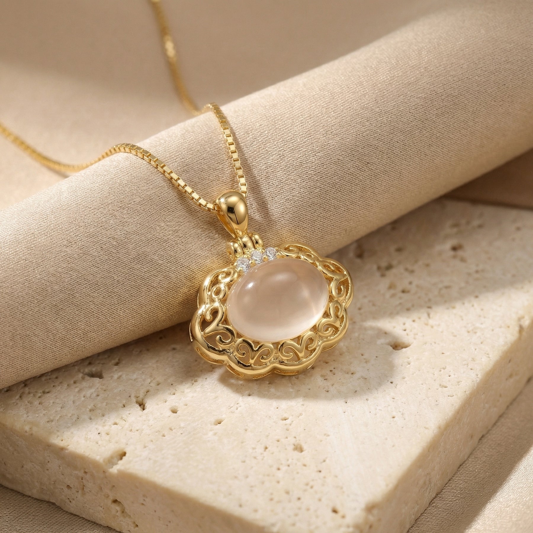 Oval Moonstone Filigree Necklace – sterling silver necklace, front view