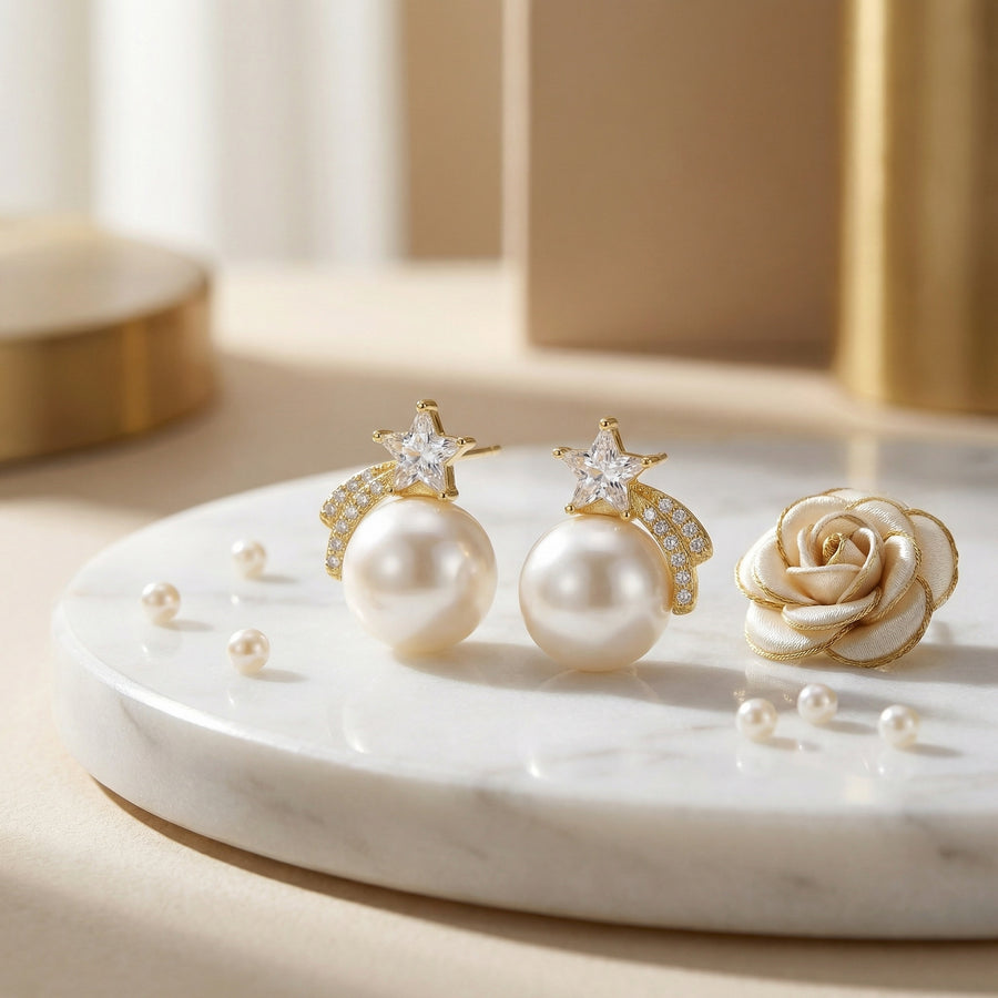 Pearl Shooting Star Stud Earrings – pearl earrings, front view
