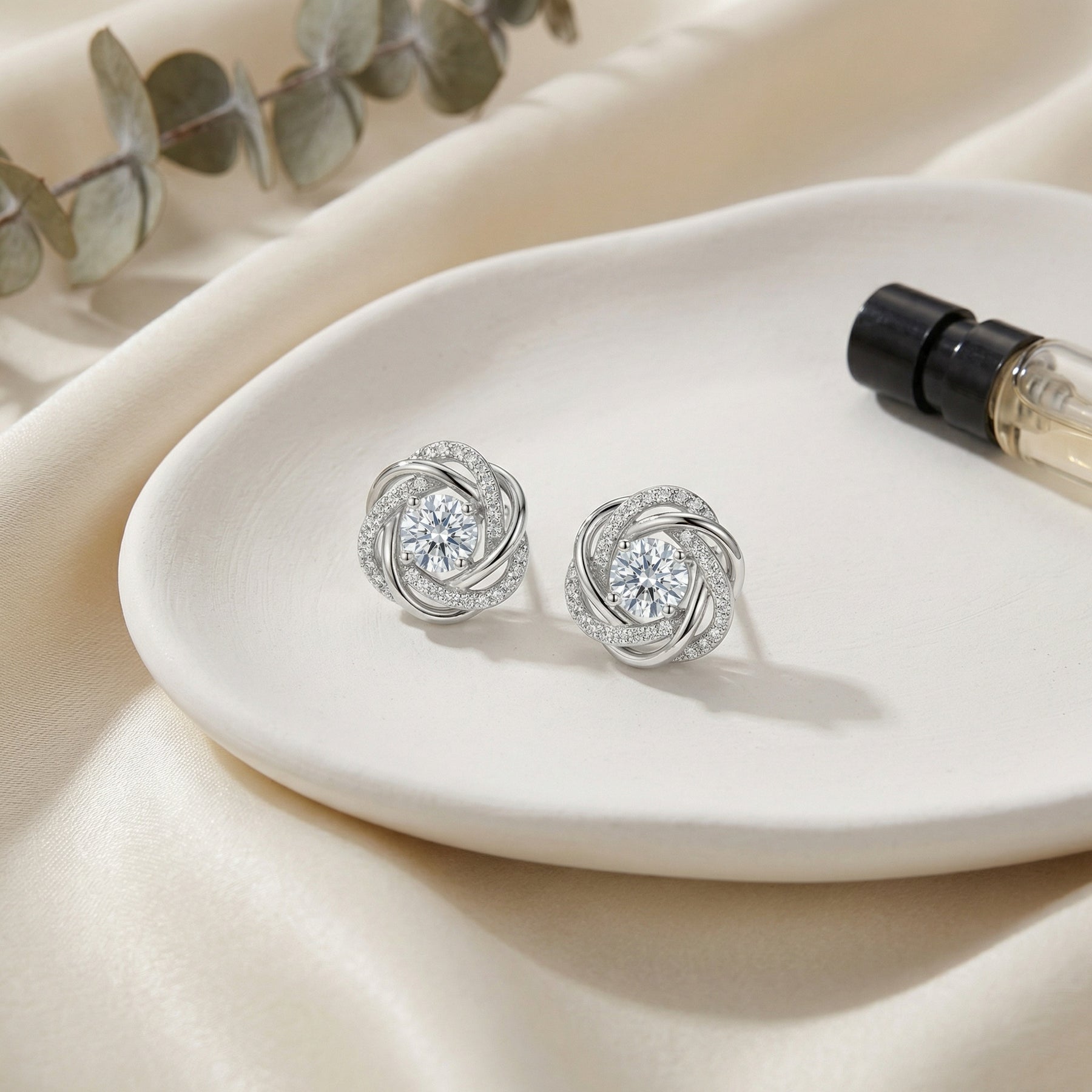 Floral Halo Sparkling stone Stud Earrings – sterling silver earrings, front view