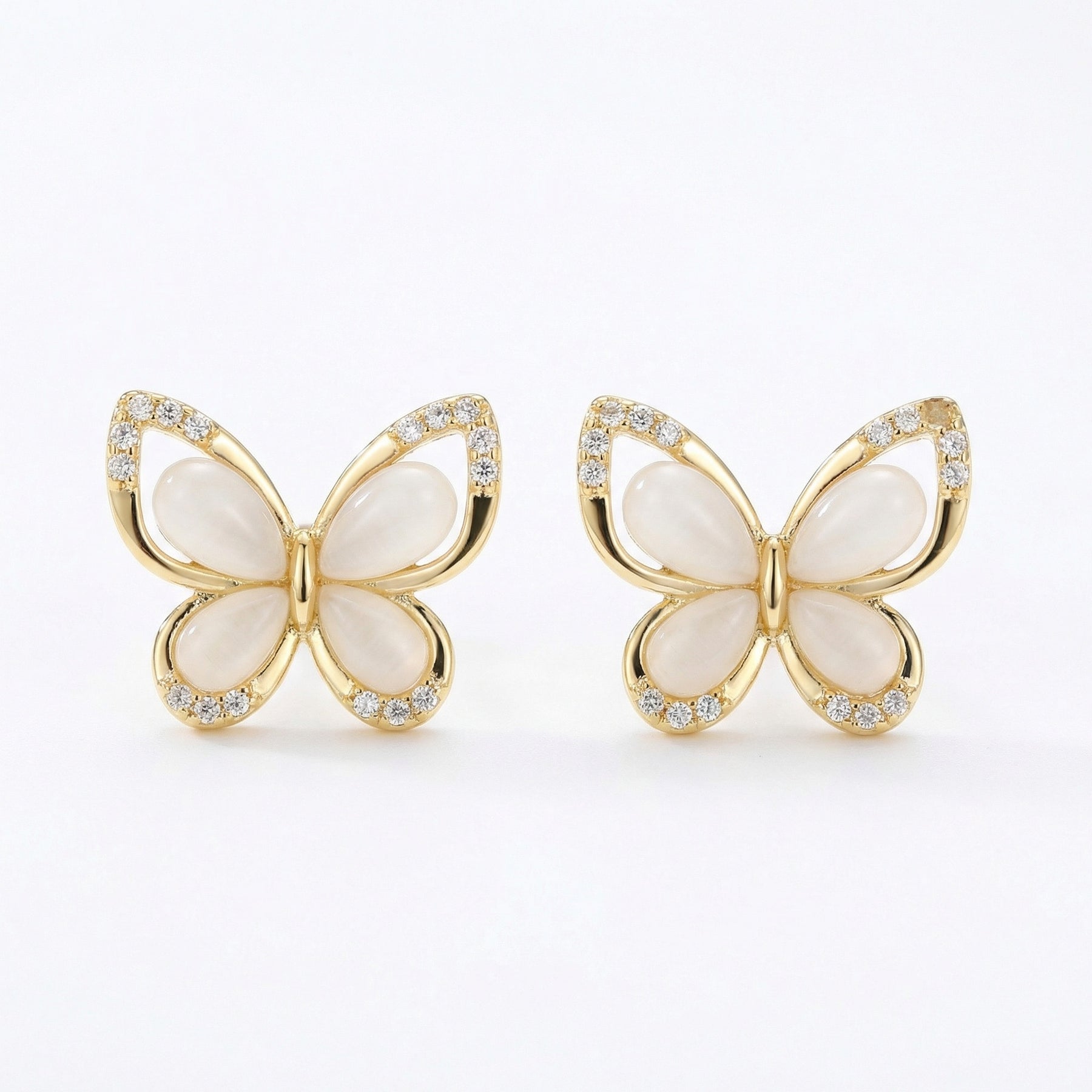 Butterfly Studs, White Inlay Wings – sterling silver earrings, front view