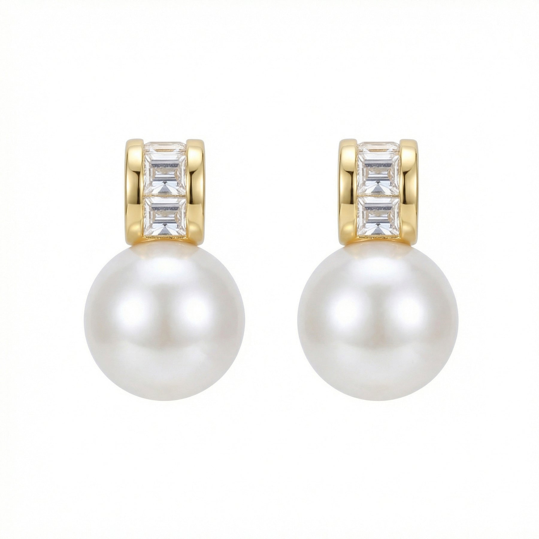 Pearl Drop Earrings with Baguette Accents – pearl earrings, close-up