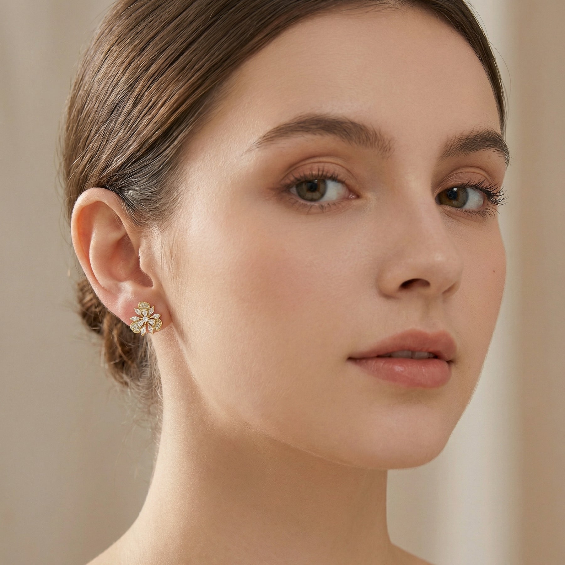 Triple-Petal Floral Stud Earrings – sterling silver earrings, front view