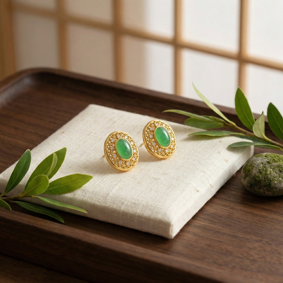 Jadeite-Inspired Filigree Stud Earrings – jade earrings, front view