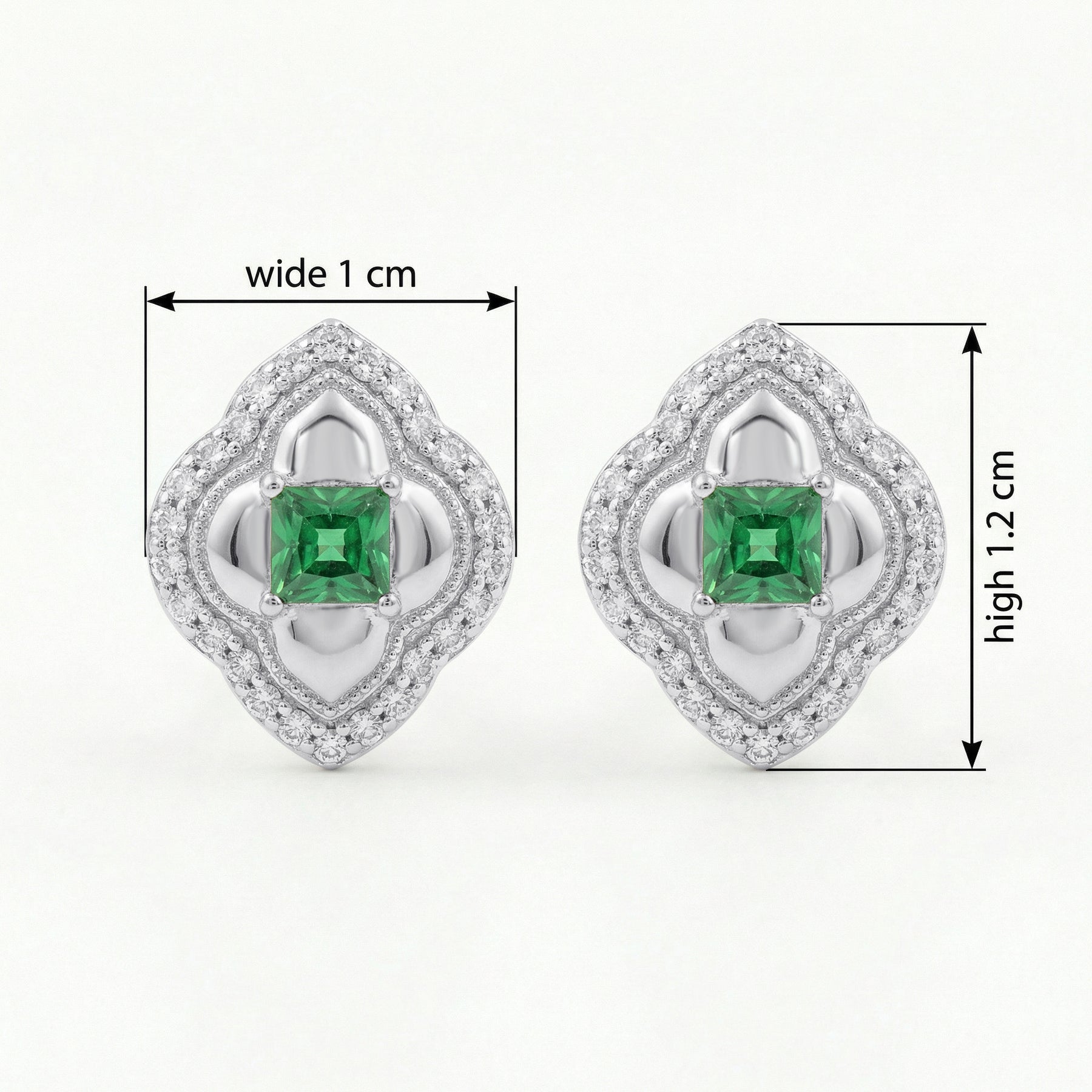 Green stone Quatrefoil Halo Stud Earrings – green stone earrings, side detail