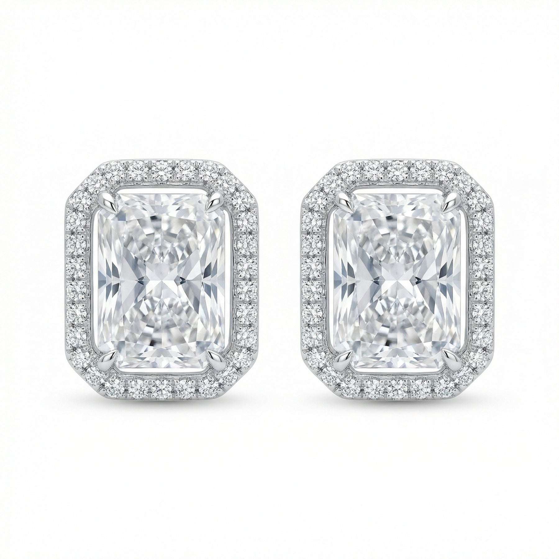 Radiant-Cut Rectangular Halo Studs – sterling silver earrings, front view