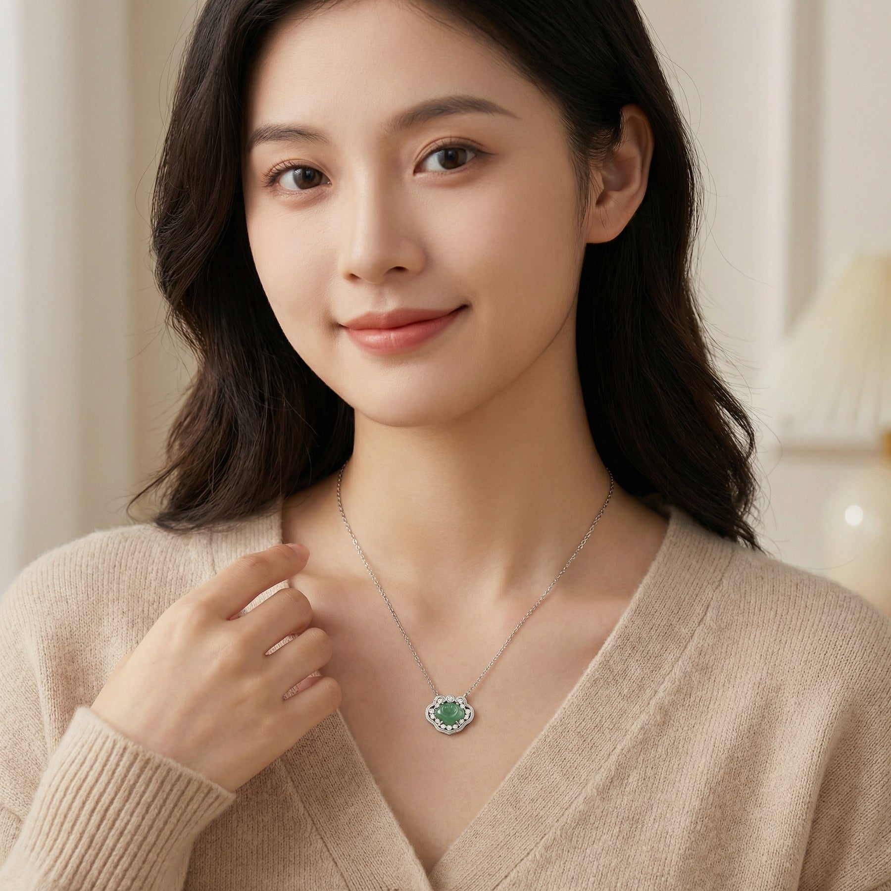 Green Jade Cloud Ruyi Necklace – jade necklace, side detail