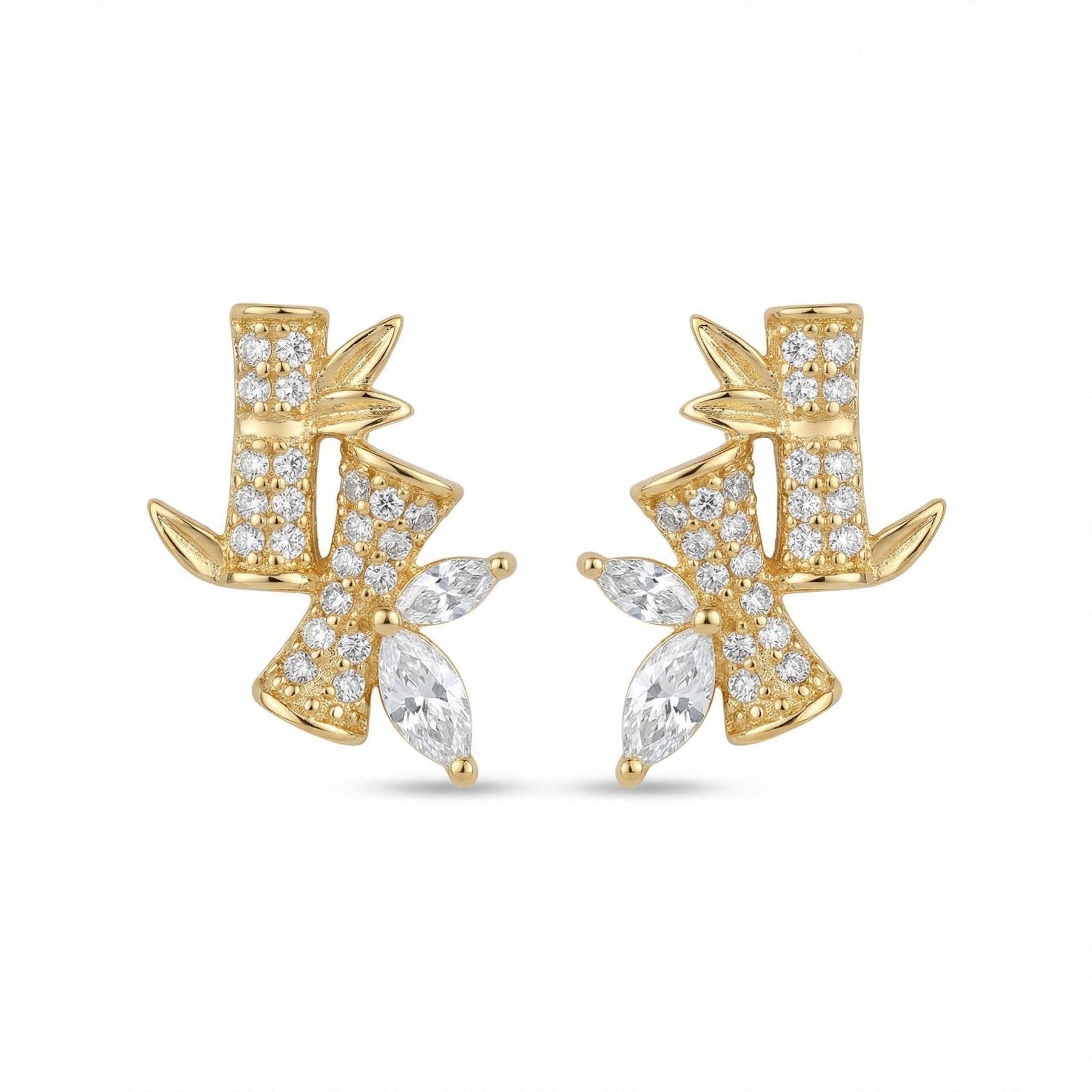 Bamboo and Leaf Gemstone Studs – sterling silver earrings, front view