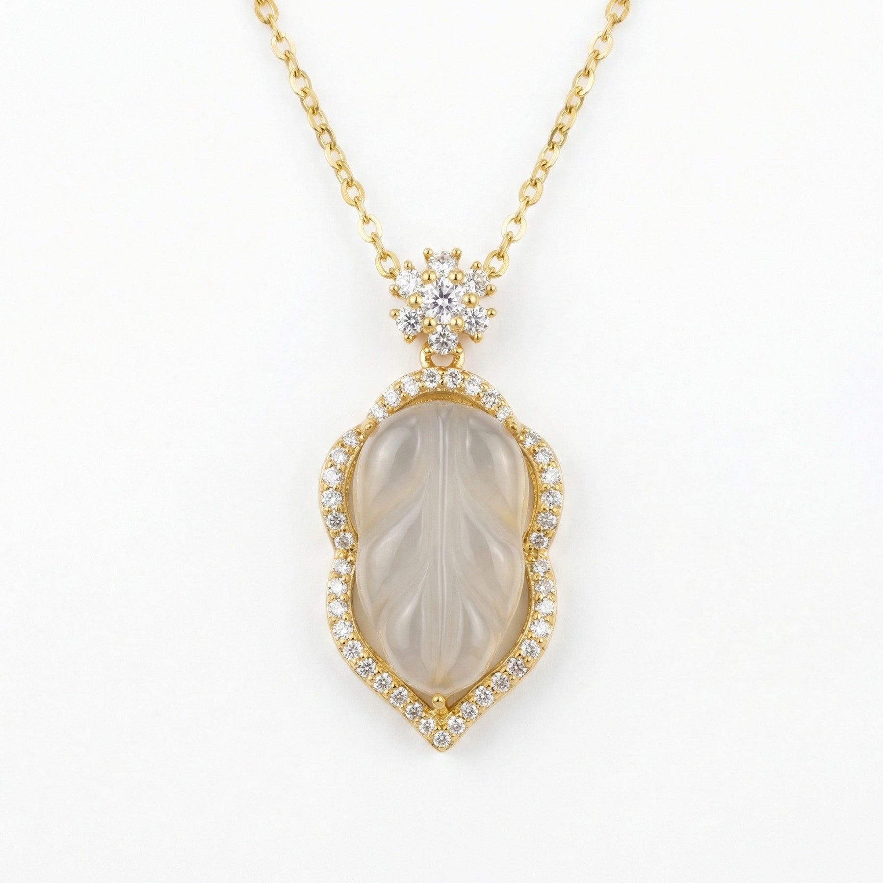 Carved Leaf Gemstone Necklace – sterling silver necklace, close-up