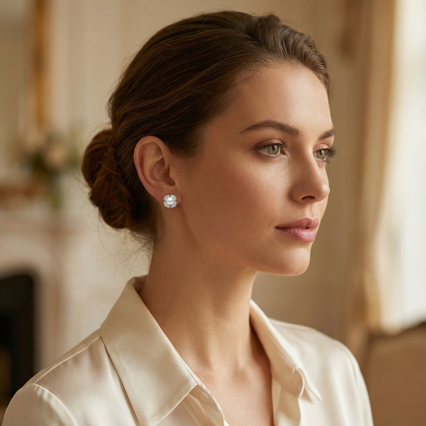 Floral Pearl Stud Earrings – pearl earrings, side detail