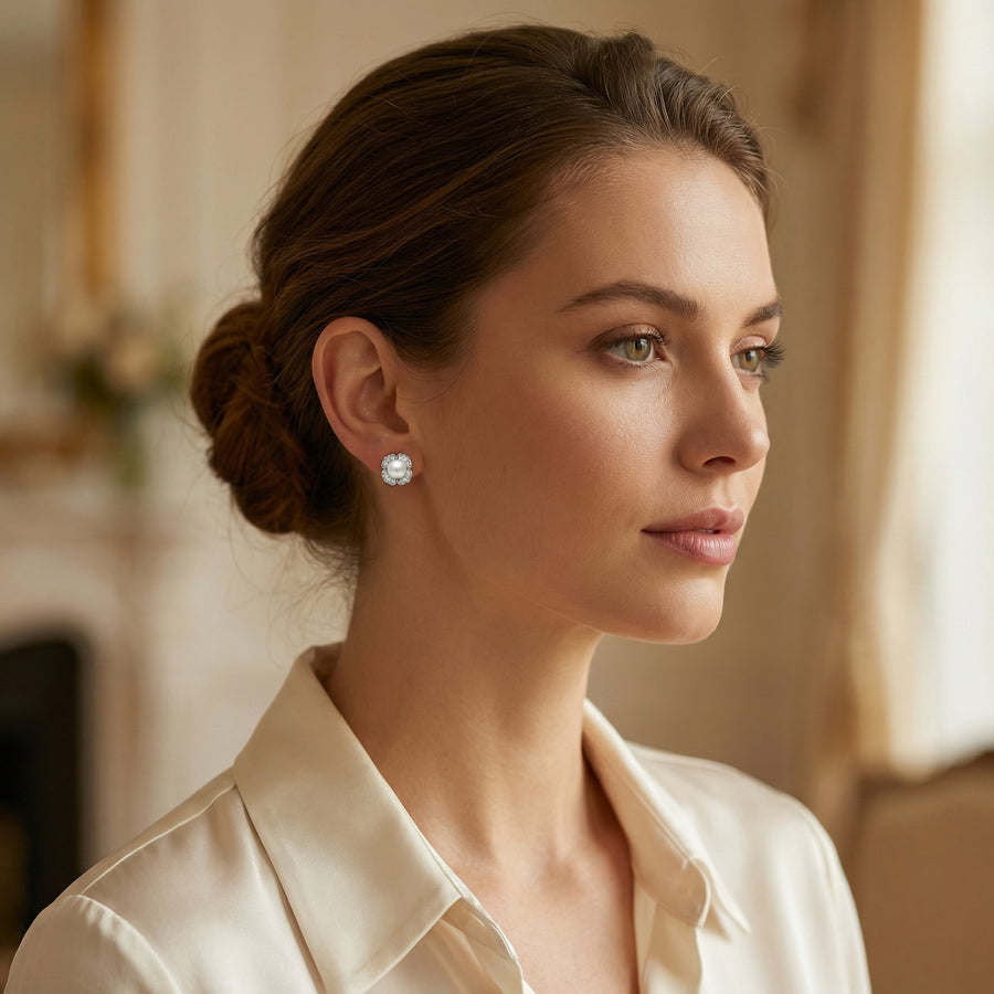 Floral Pearl Stud Earrings – pearl earrings, side detail