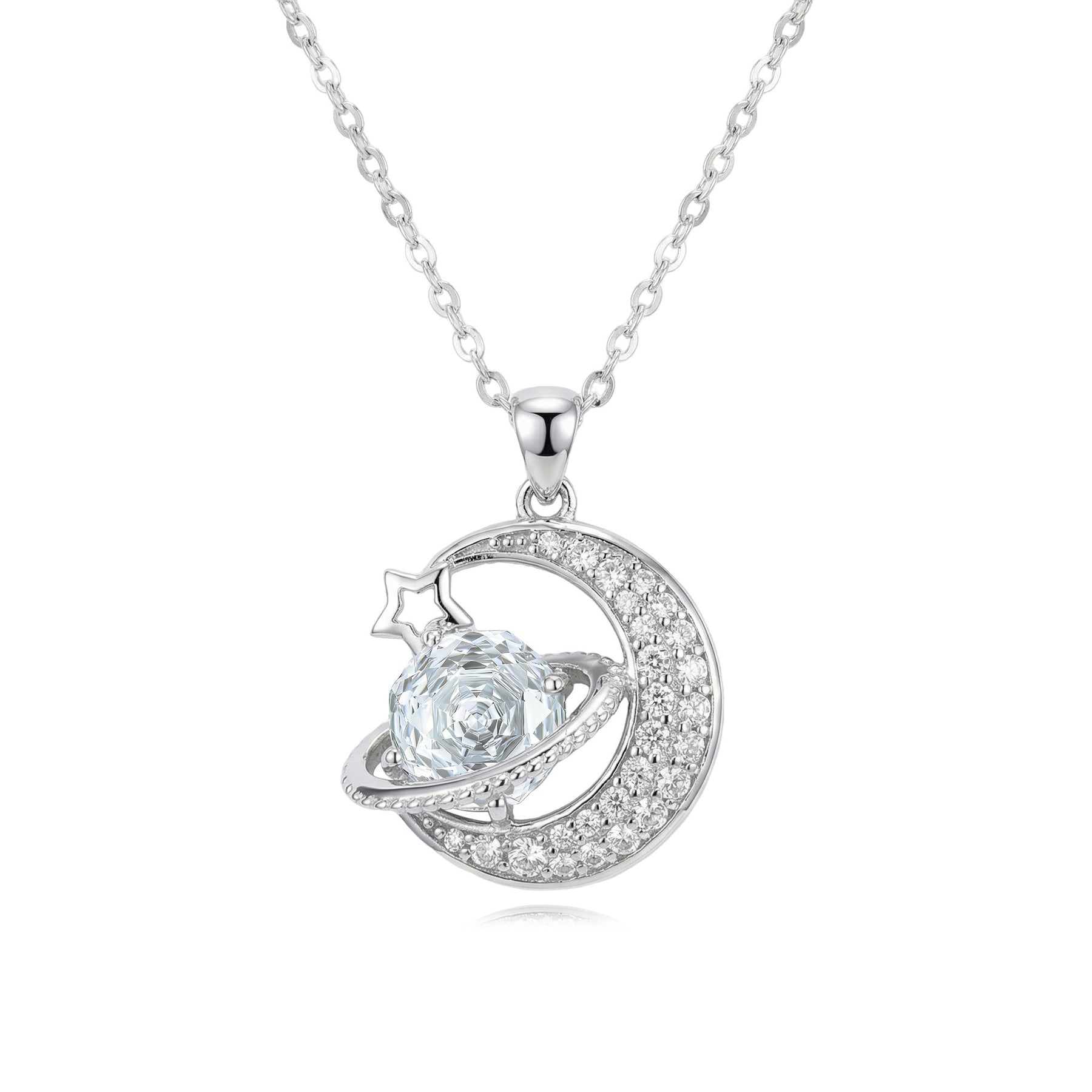 Crescent Moon and Planet Necklace – sterling silver necklace, front view