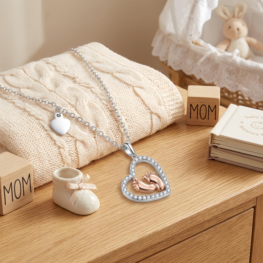 Baby Footprint Heart Pendant Necklace – sterling silver necklace, close-up