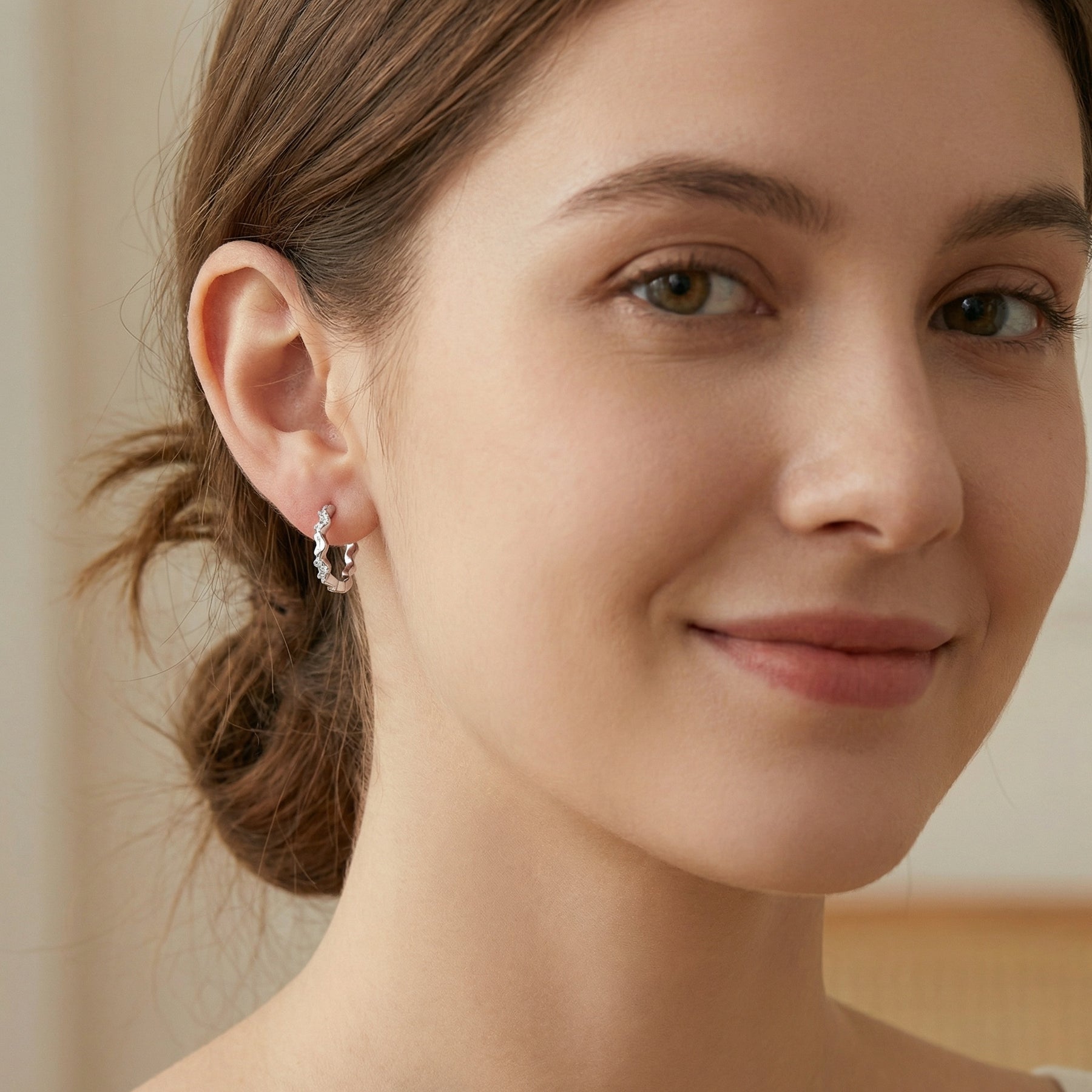 Wavy Scalloped Huggie Hoop Earrings – sterling silver earrings, styling detail