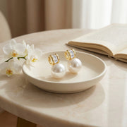 Pearl Drop Earrings with Baguette Accents – pearl earrings, side detail
