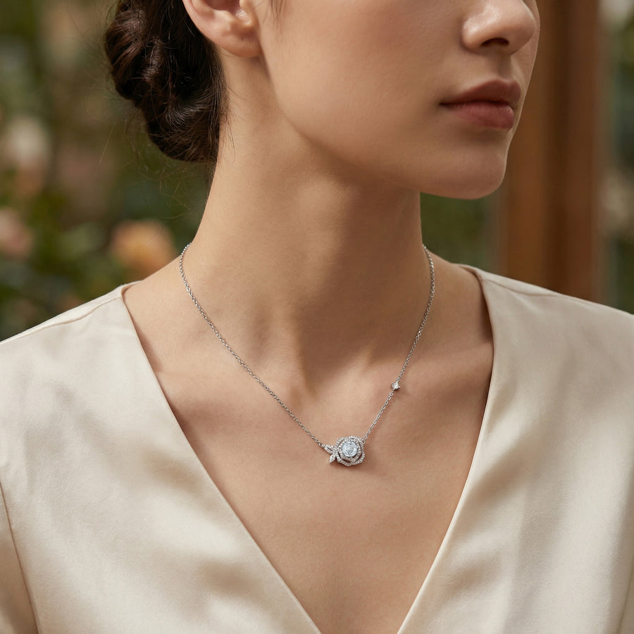 Rose Pendant Necklace with CZ Accents – zircon necklace, close-up
