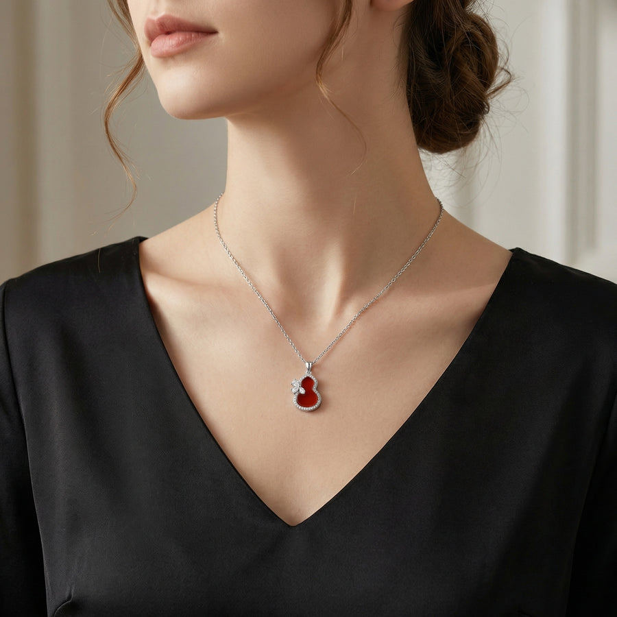 Red Gourd Butterfly Pendant Necklace – sterling silver necklace, front view