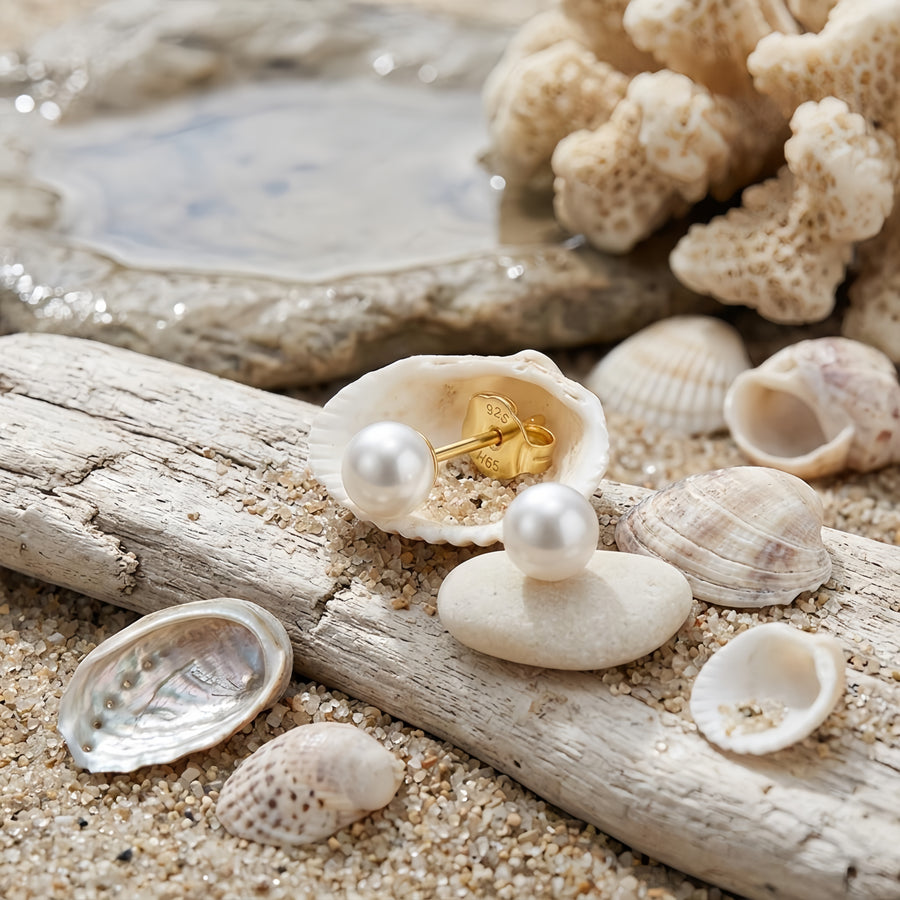 Round White Pearl Studs, Classic Backs – pearl earrings, side detail