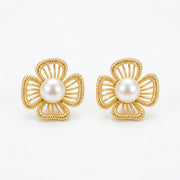 Floral Pearl Studs, Ribbed Petals – pearl earrings, front view