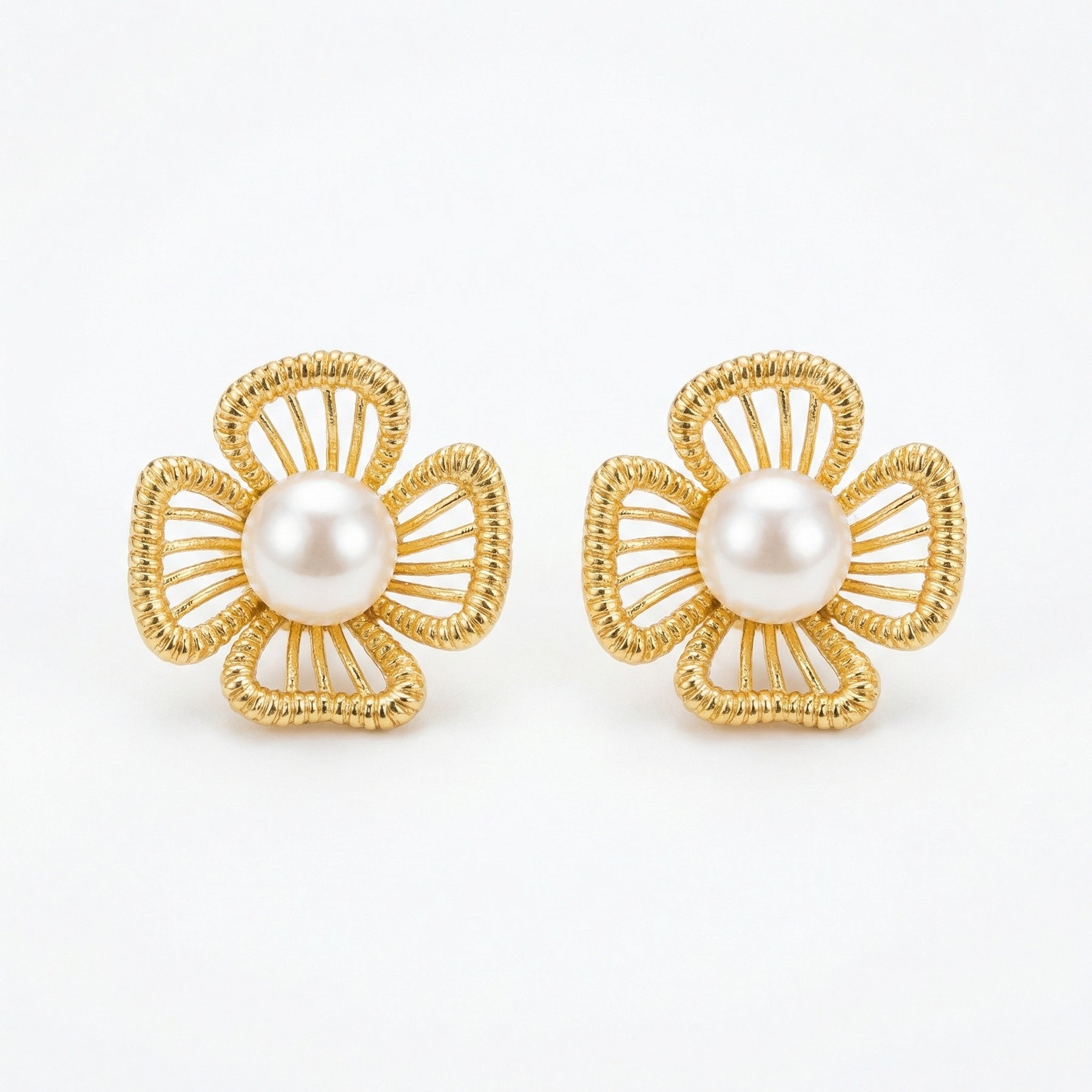 Floral Pearl Studs, Ribbed Petals – pearl earrings, front view