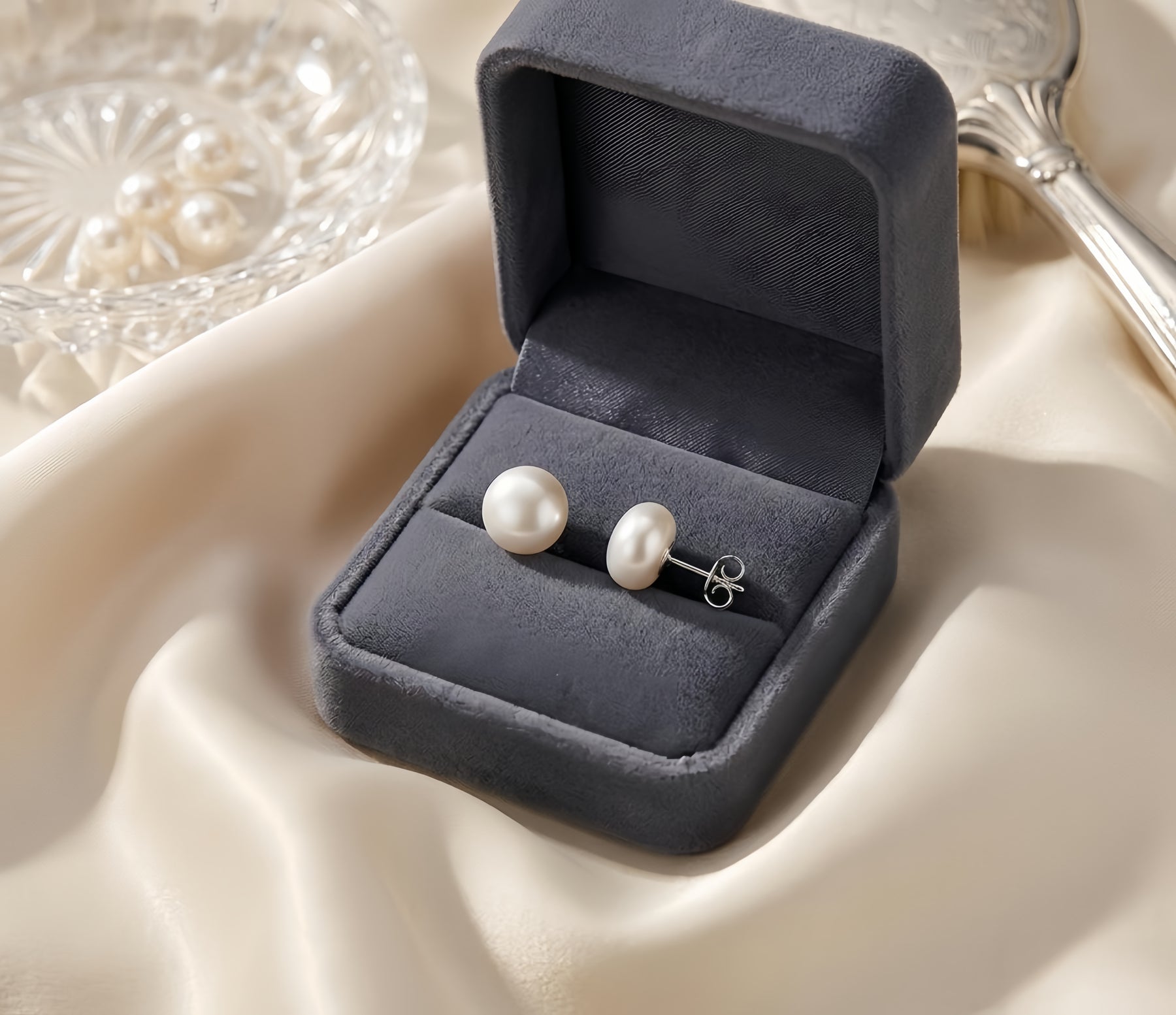 Simple Pearl Studs with Iridescent Sheen – pearl earrings, side detail