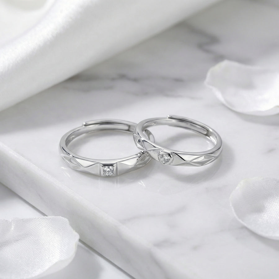 Quilted Pattern Couple Rings – sterling silver ring, front view