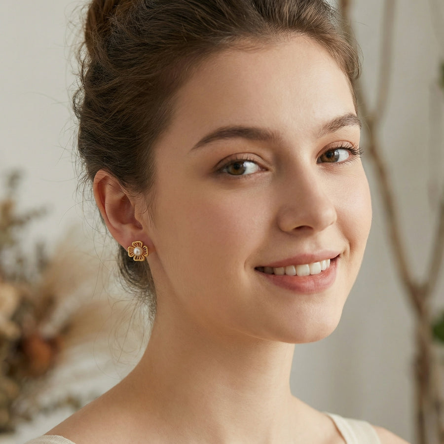 Floral Pearl Studs, Ribbed Petals – pearl earrings